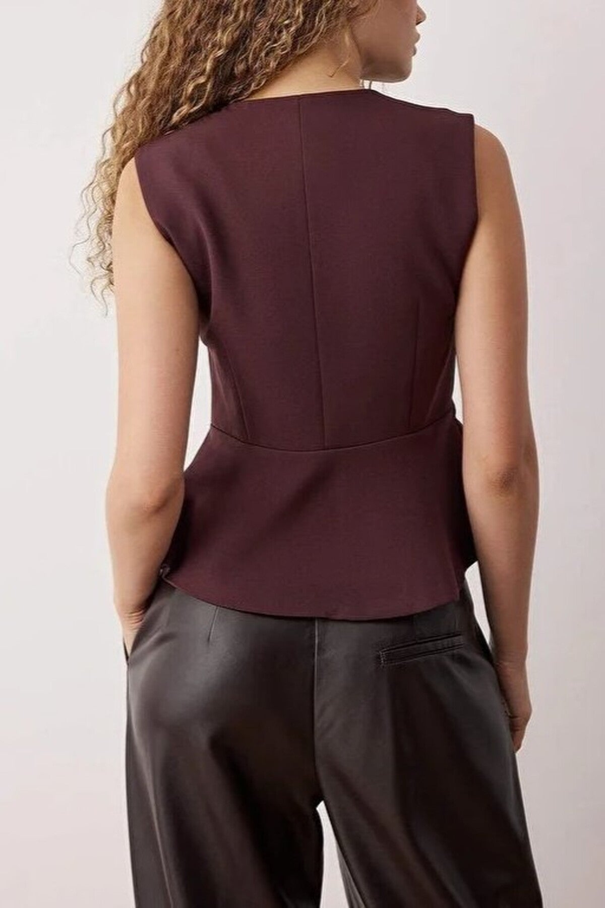 Fitted Accessory Buttoned Vest with Peplum Detail