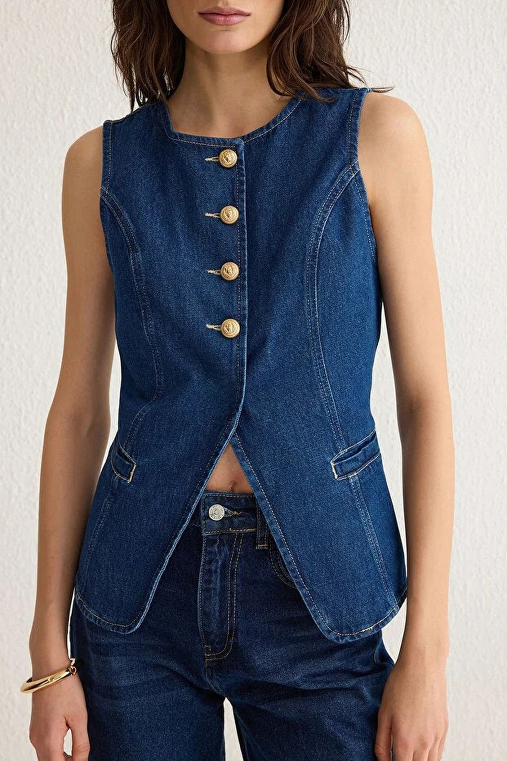 Denim Vest with Gold Button and Stitching Details
