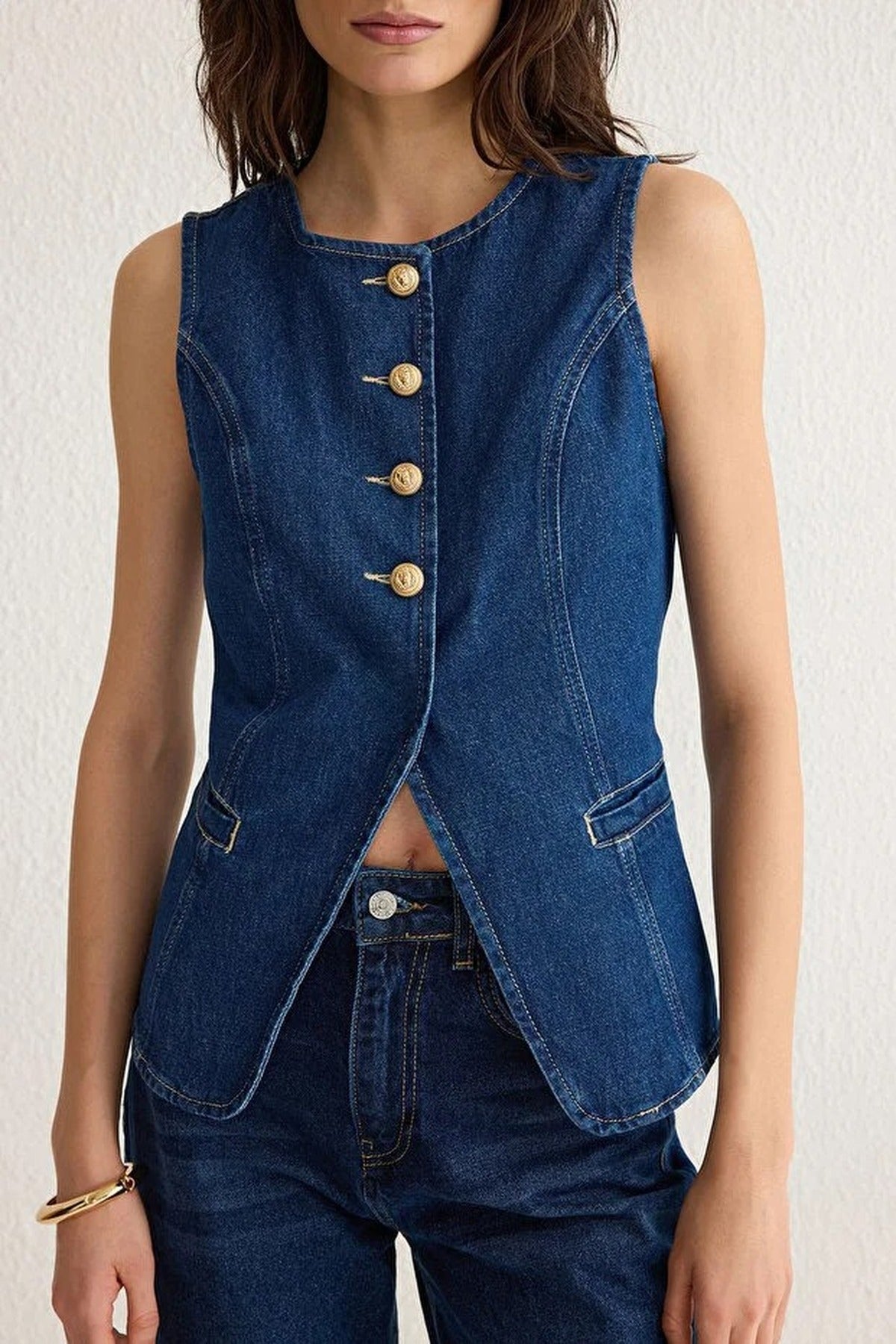 Denim Vest with Gold Button and Stitching Details