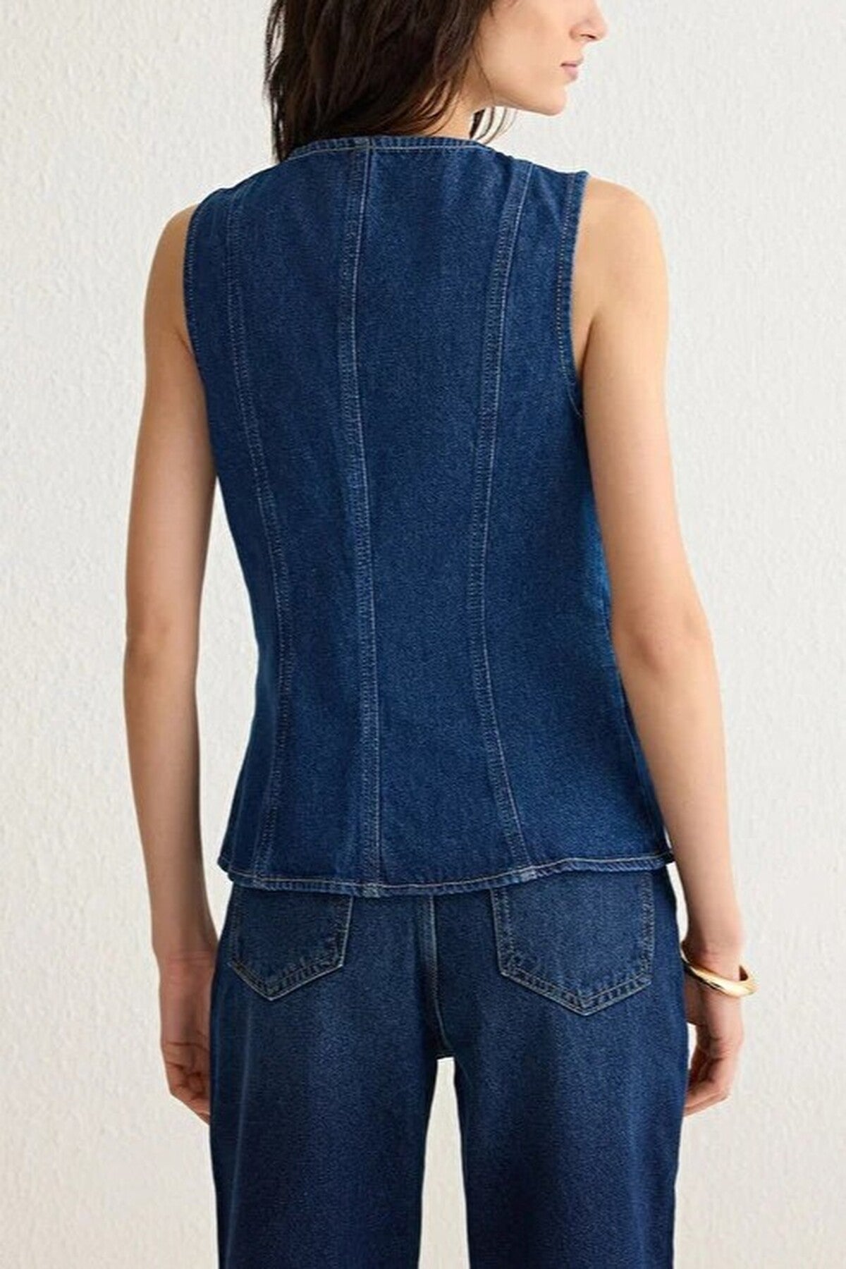 Denim Vest with Gold Button and Stitching Details