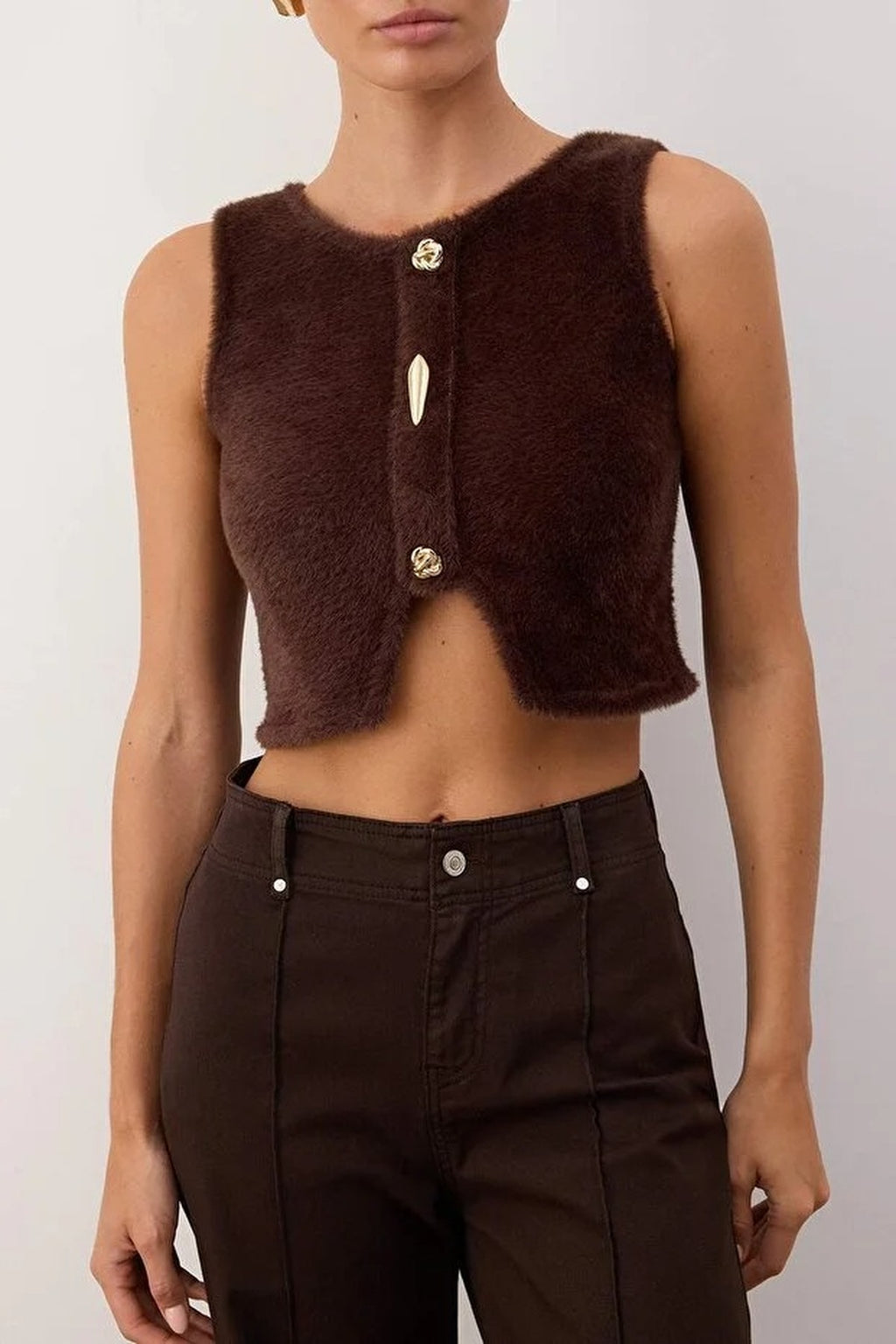 Plush Fitted Super Crop Knit Vest with Button Detail