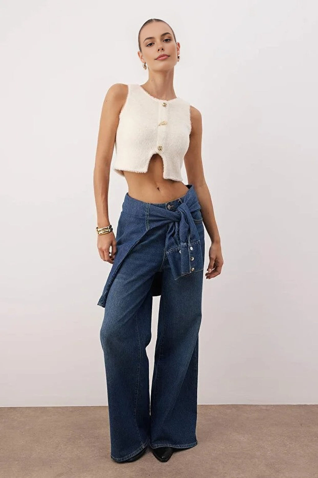 Plush Fitted Super Crop Knit Vest with Button Detail