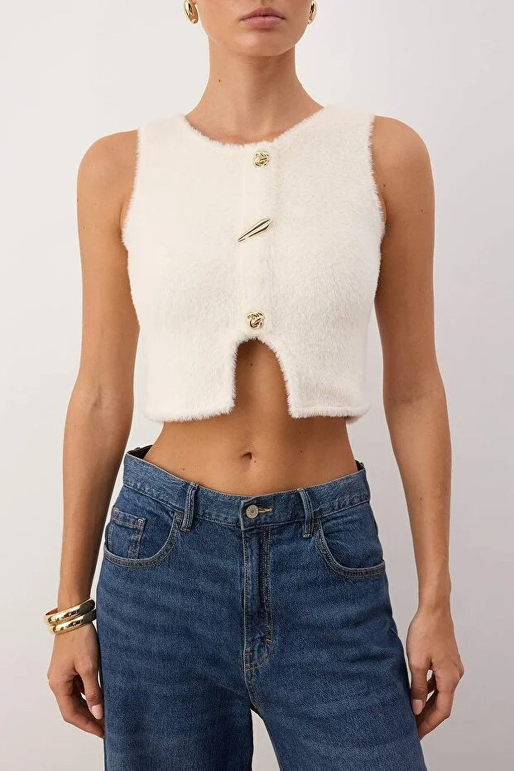 Plush Fitted Super Crop Knit Vest with Button Detail