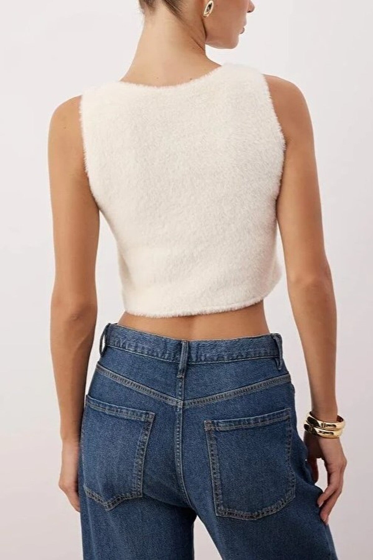 Plush Fitted Super Crop Knit Vest with Button Detail