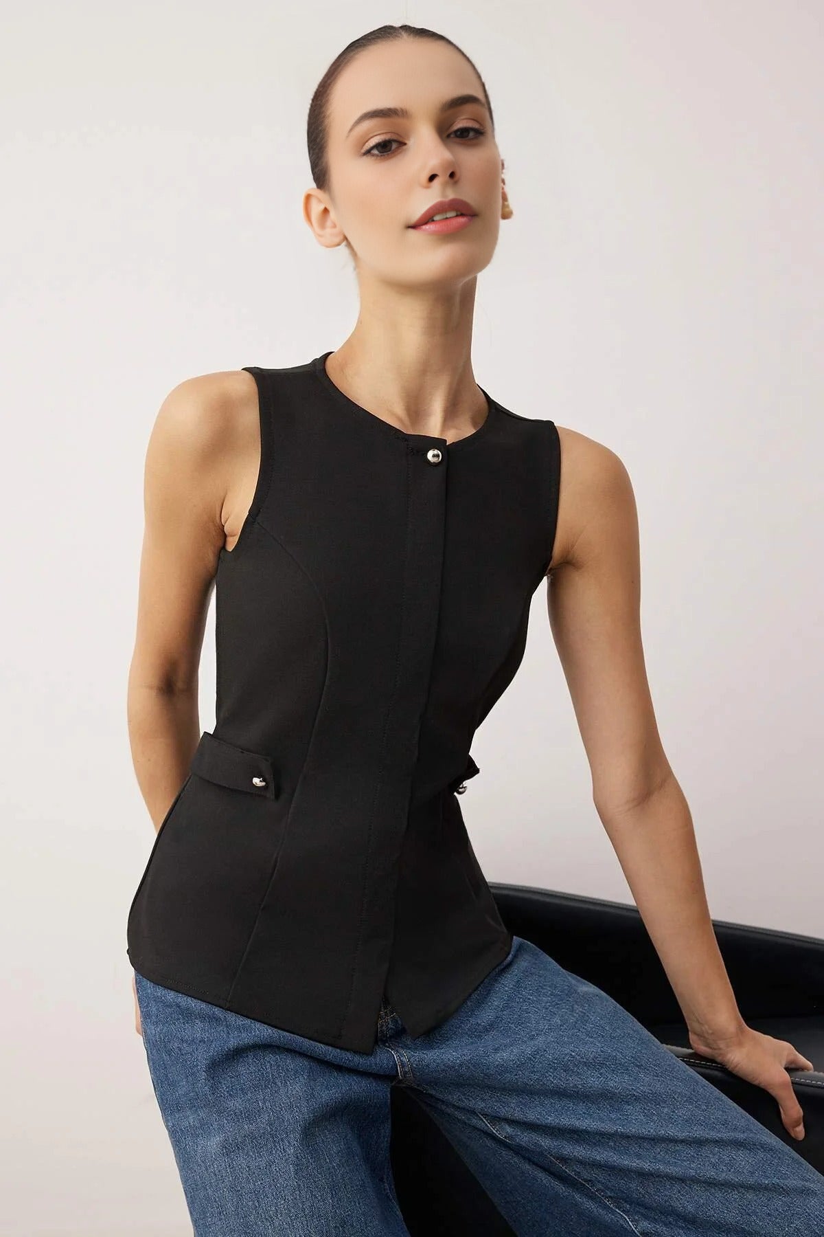Knit Fitted Vest with Pocket and Pearl Accessory Detail