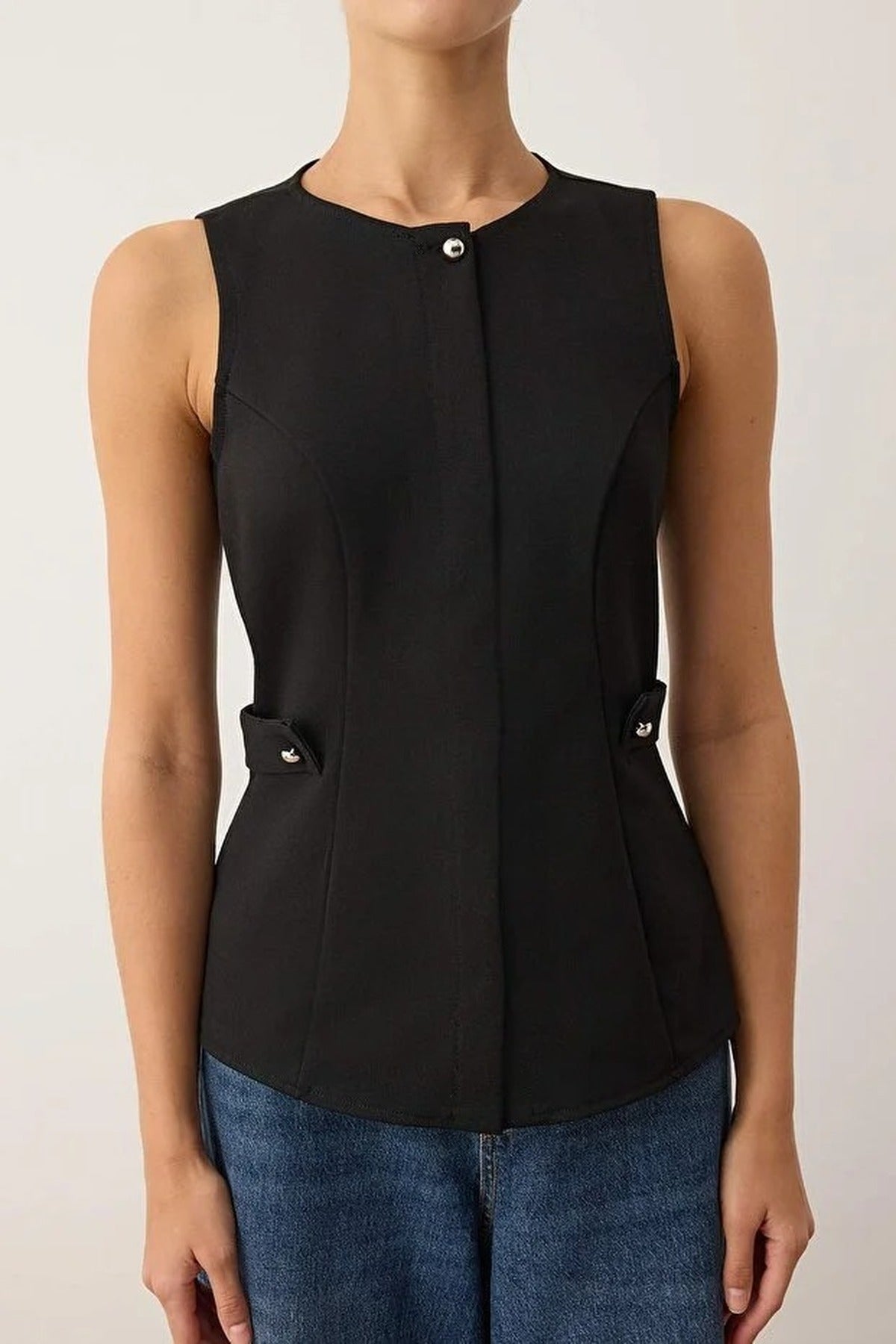 Knit Fitted Vest with Pocket and Pearl Accessory Detail