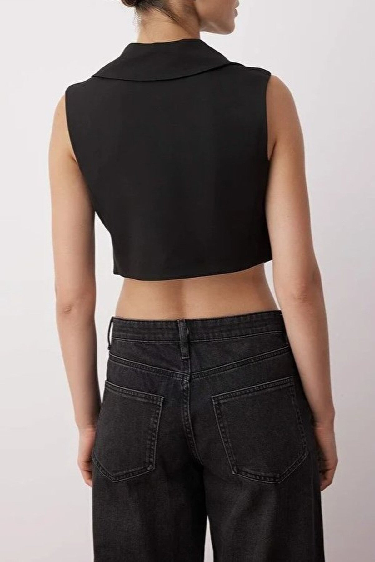 Crop Button-Down Jacket Collar Woven Vest