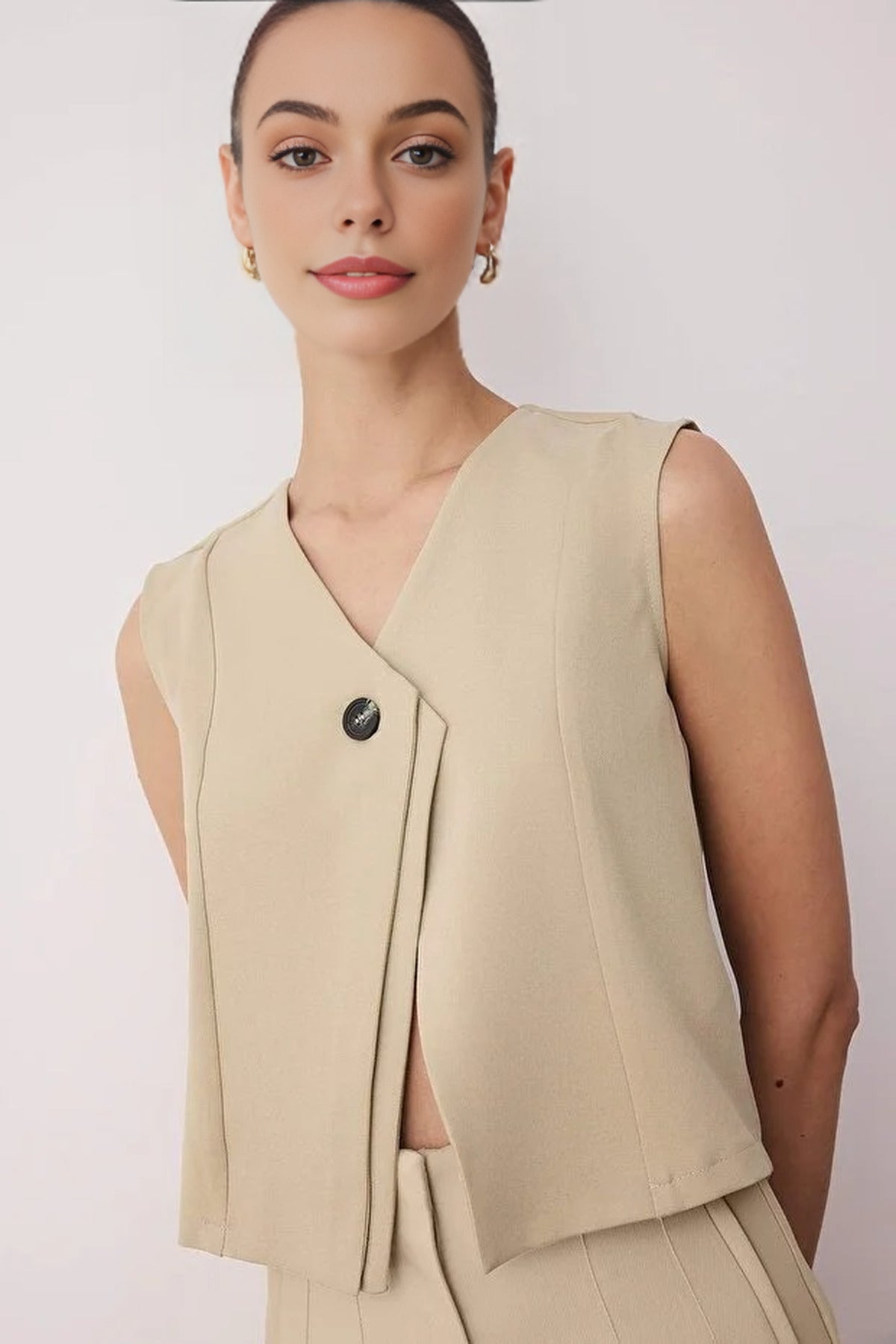 Single Button Asymmetrical Closure Woven Vest