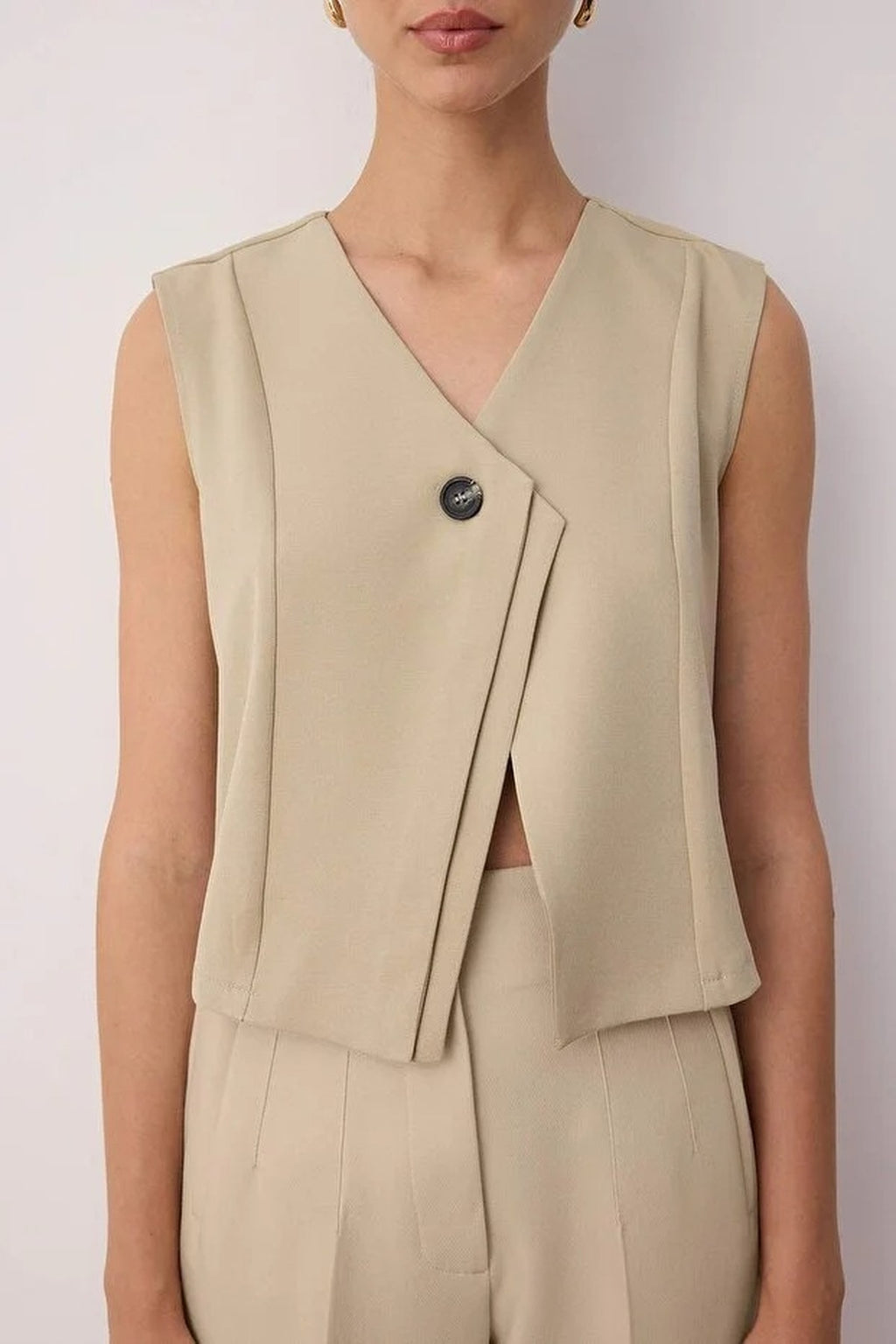 Single Button Asymmetrical Closure Woven Vest