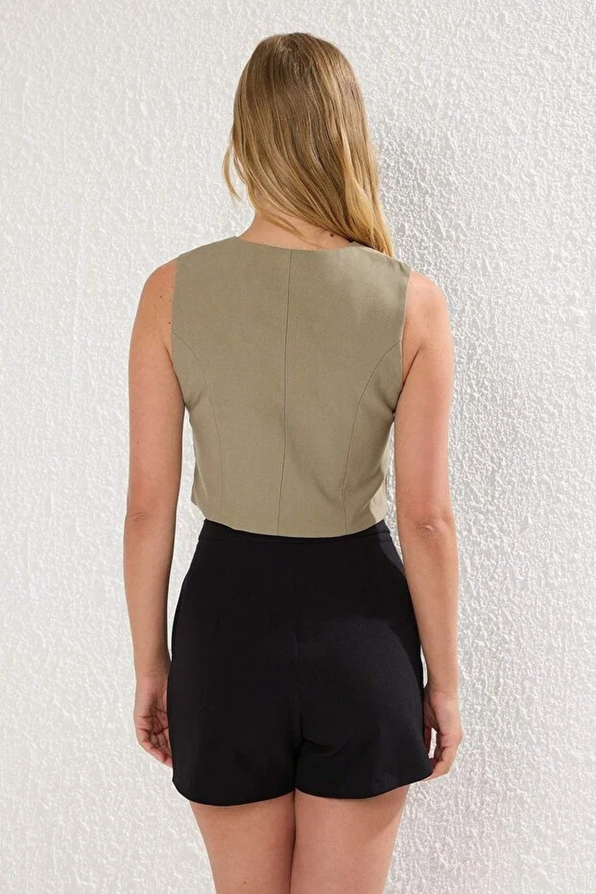Linen-Look Double-Breasted Crop Vest