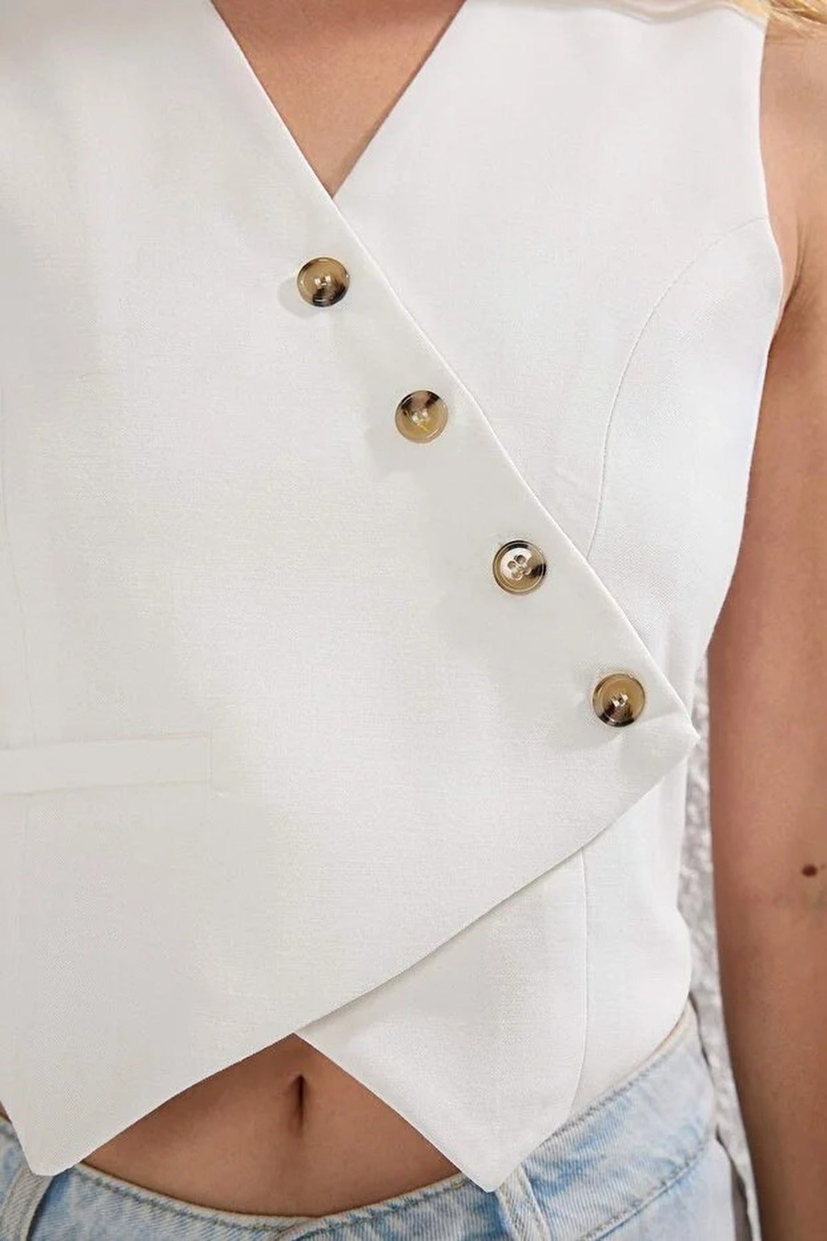 Linen-Look Double-Breasted Crop Vest