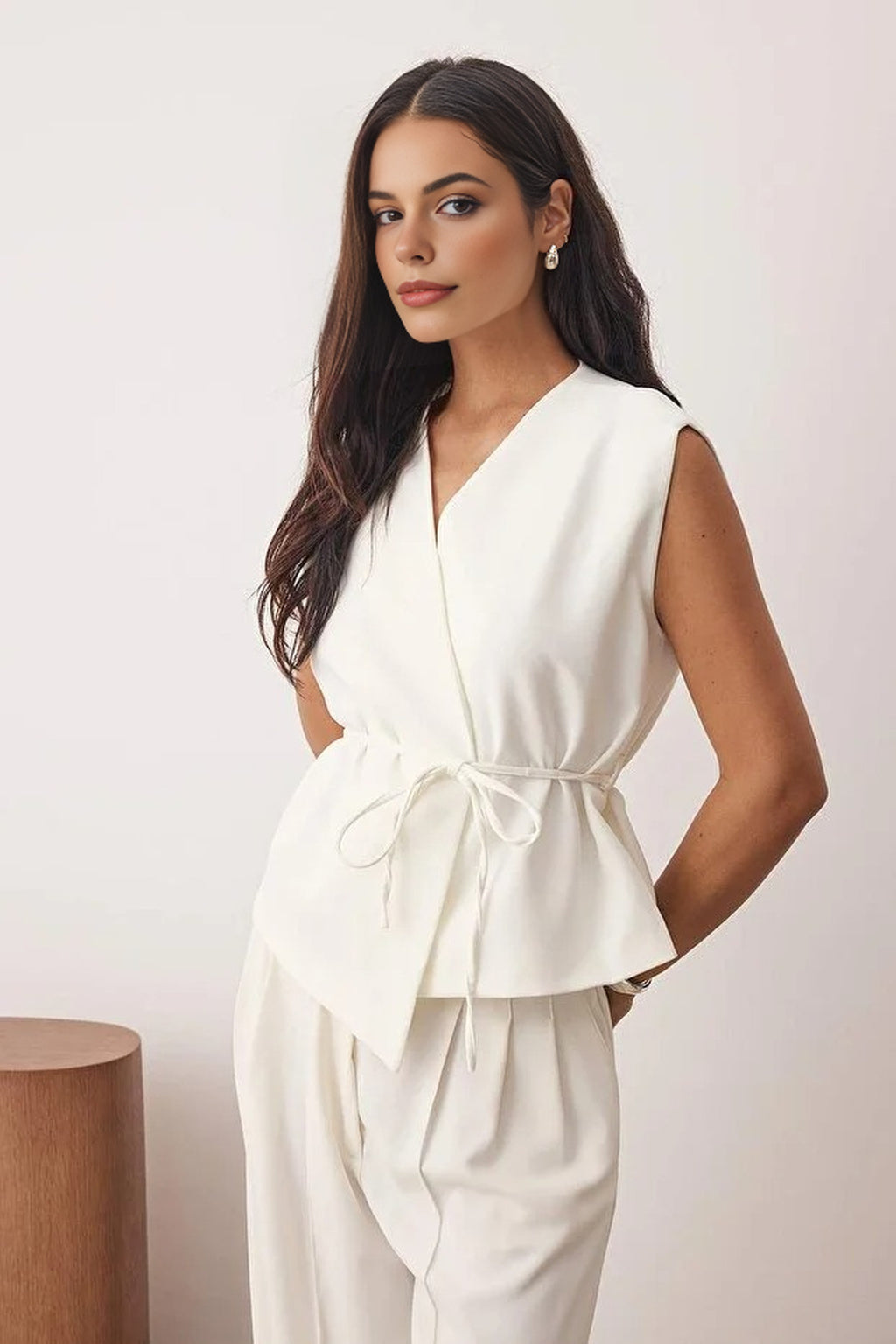 Thin Belted Double-Breasted Woven Vest