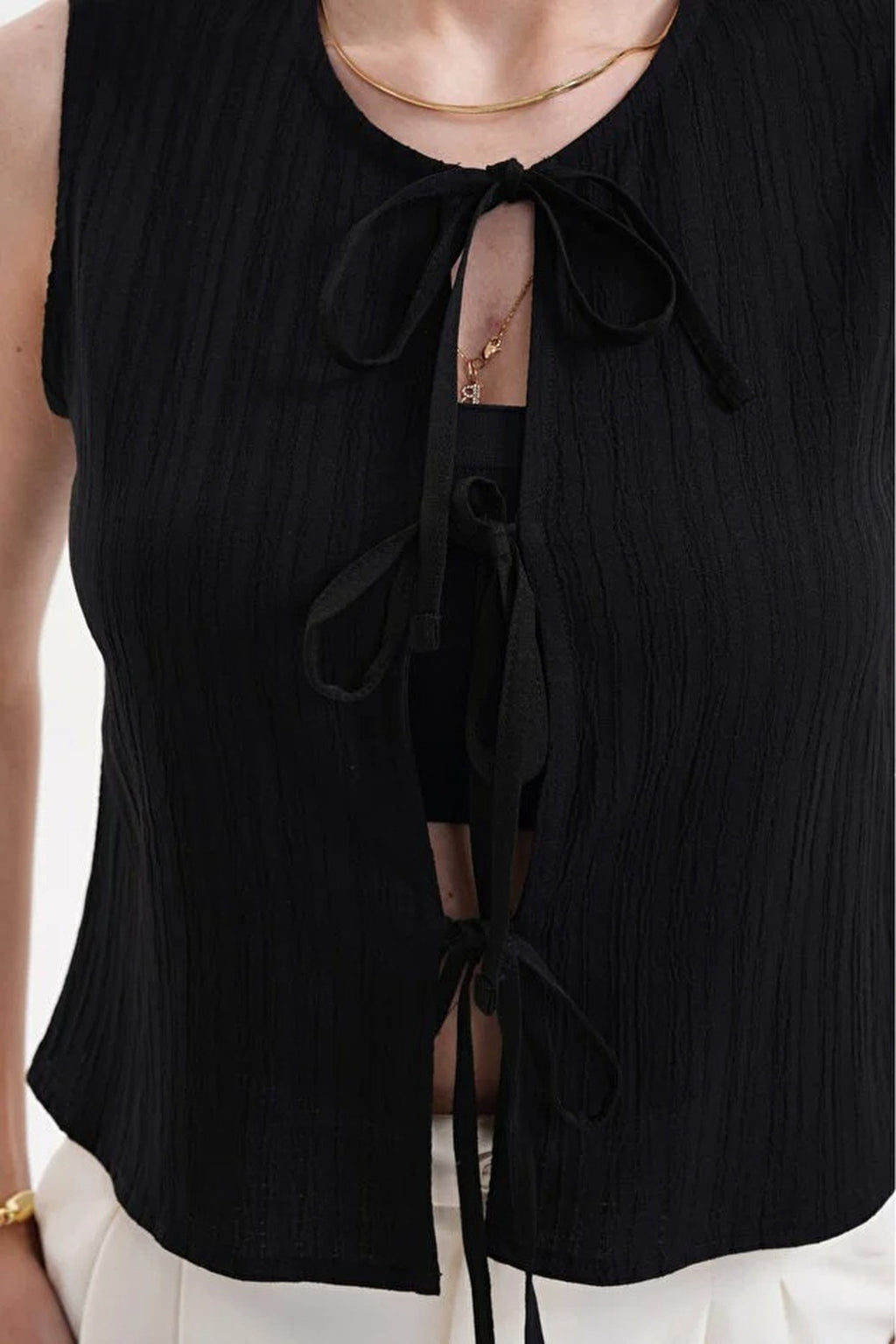Tie-Detail Crinkle Textured Thin Blouse Vest