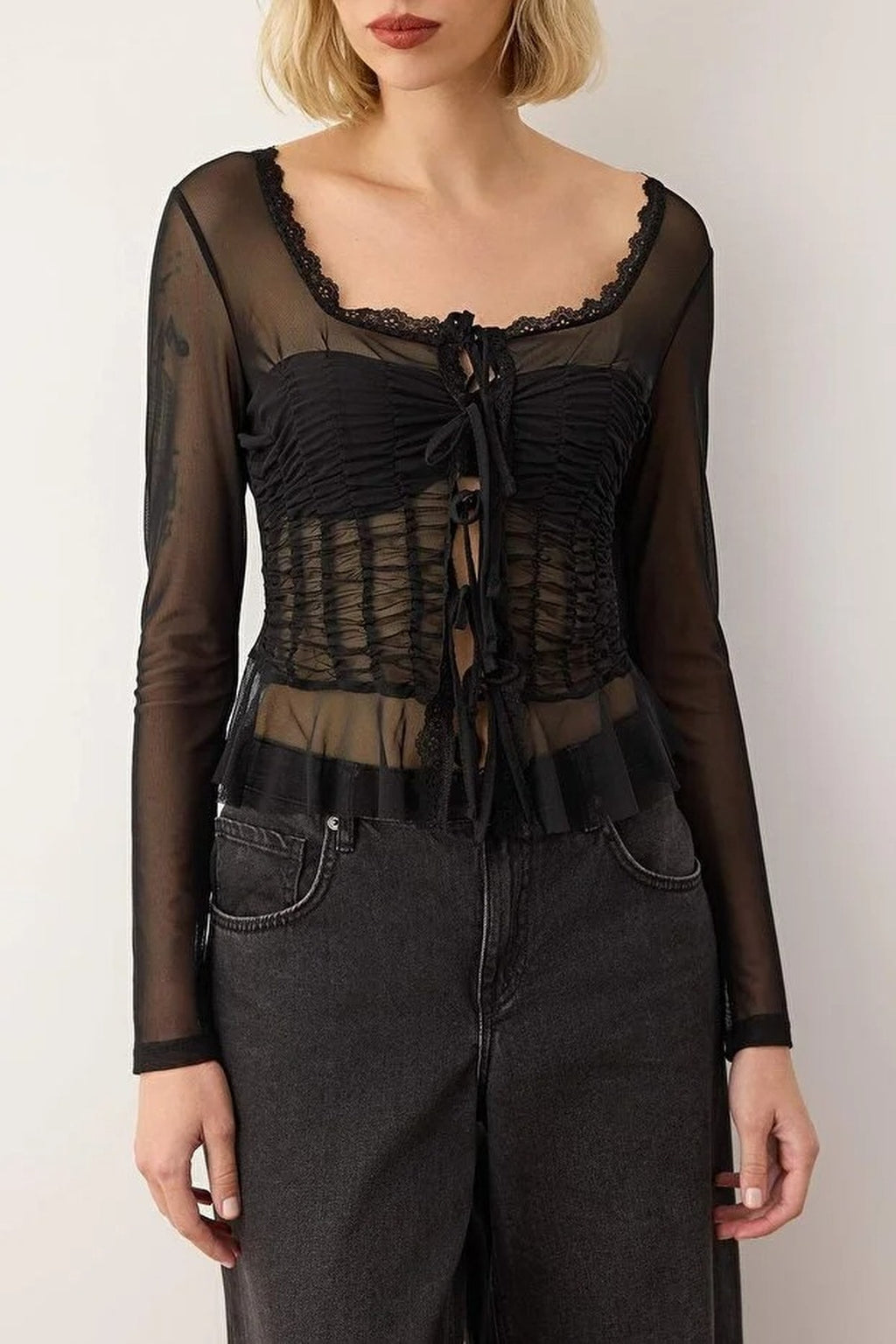 Square Neck Knit Tulle Party Blouse