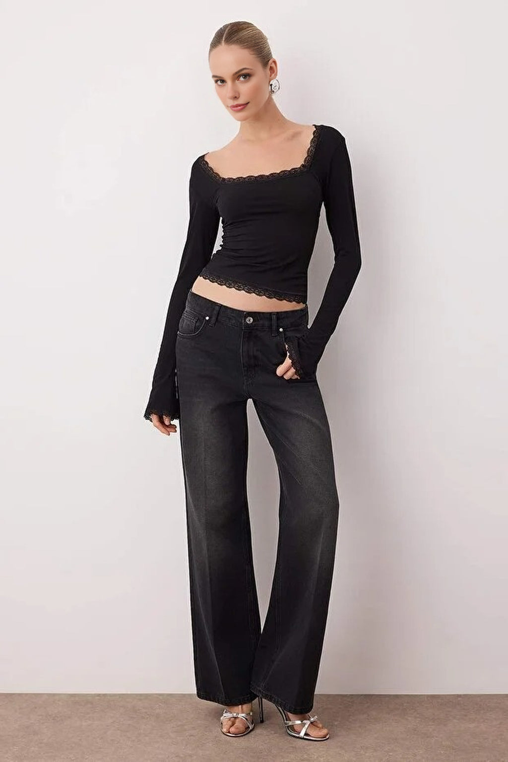 Square Neck Knit Party Blouse with Lace Detail