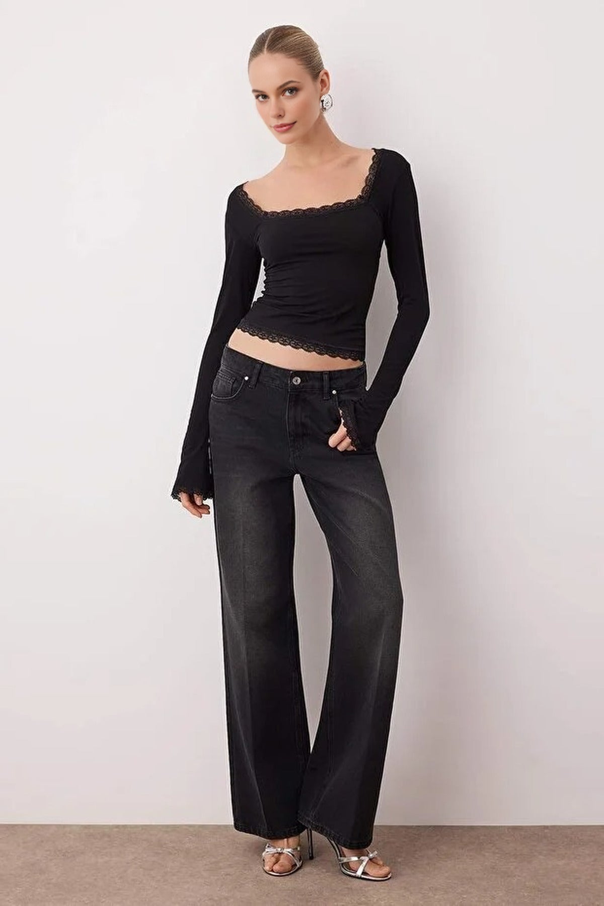 Square Neck Knit Party Blouse with Lace Detail