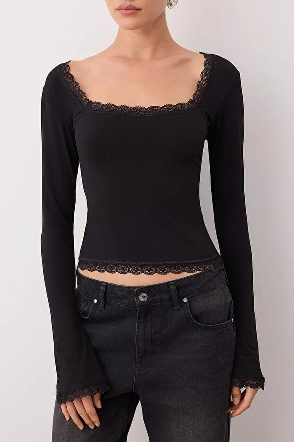 Square Neck Knit Party Blouse with Lace Detail