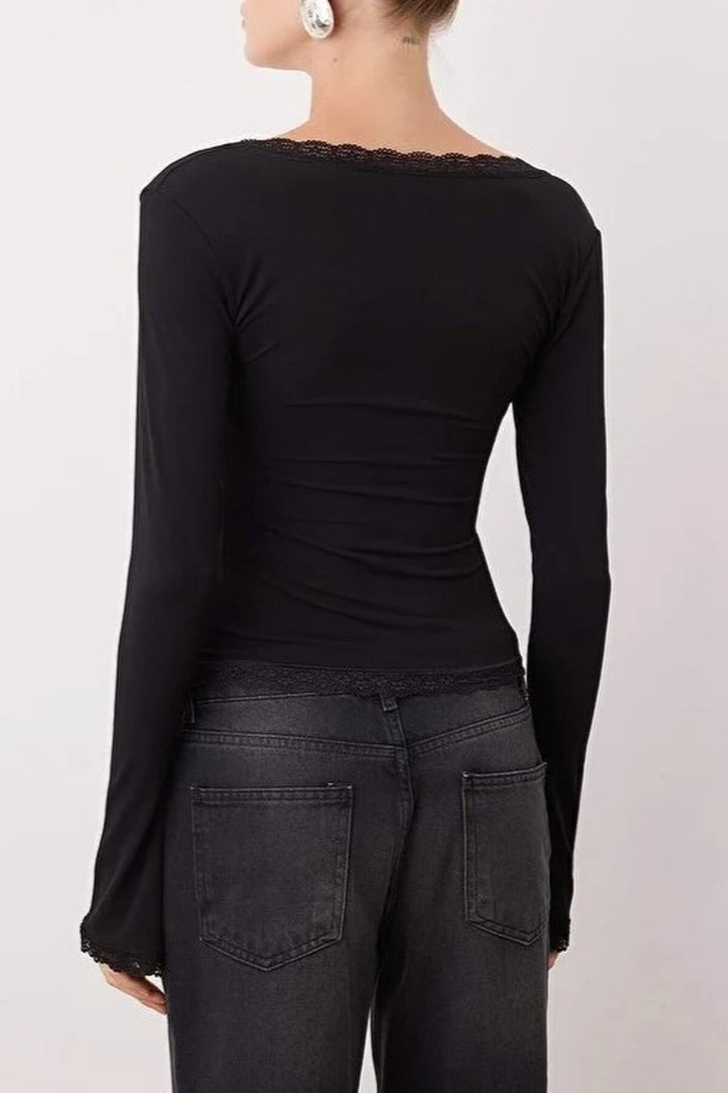 Square Neck Knit Party Blouse with Lace Detail