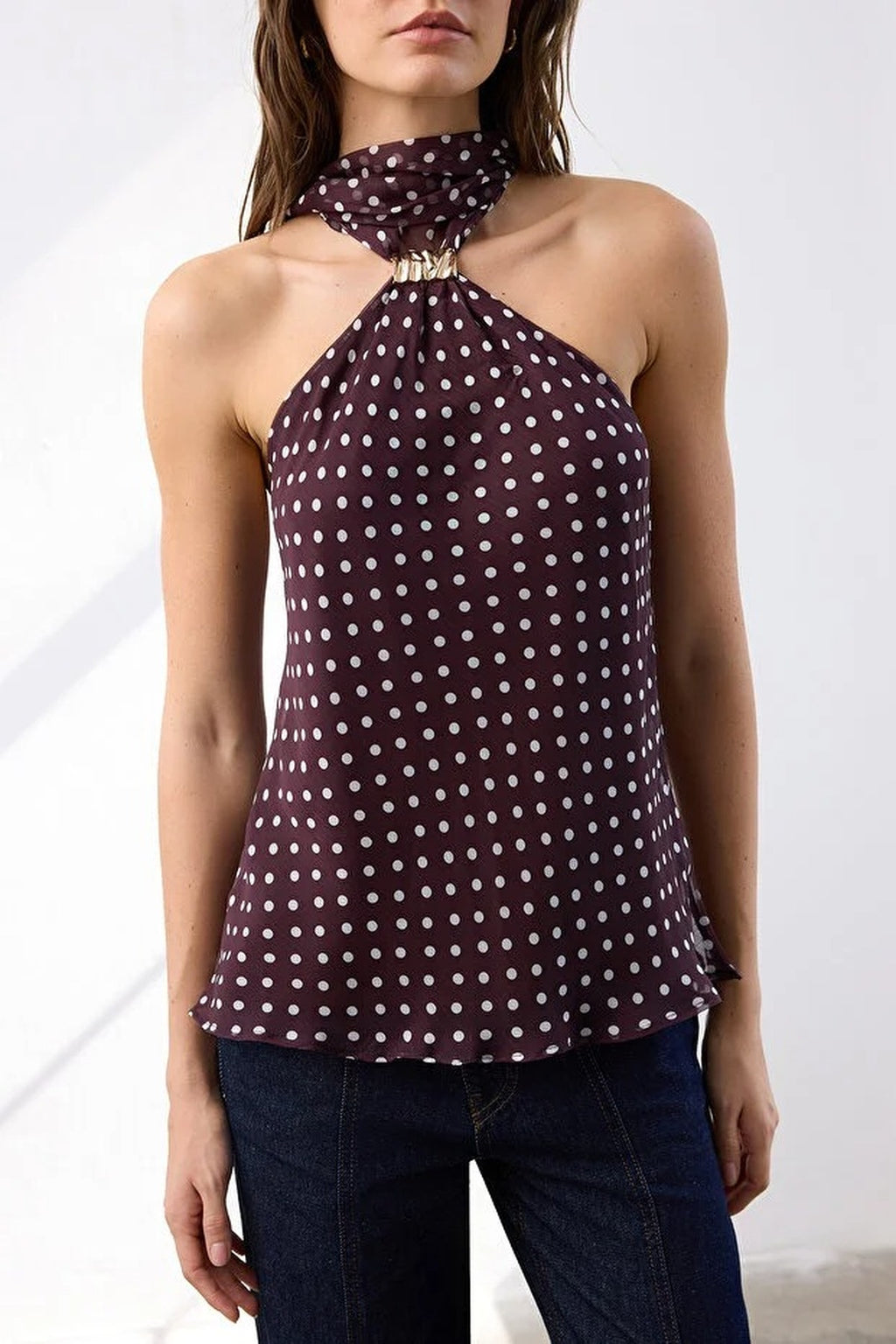 Polka Dot Halter Neck Woven Night Blouse with Gold Accessory Detail