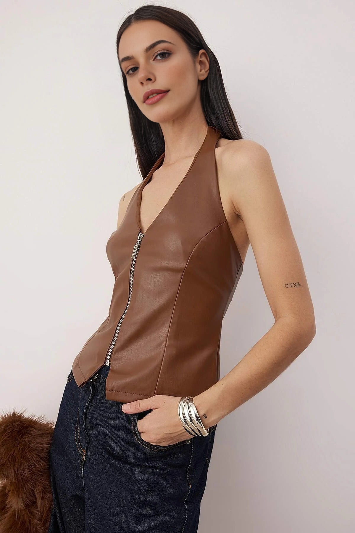 V-Neck Faux Leather Party Blouse with Zipper Detail