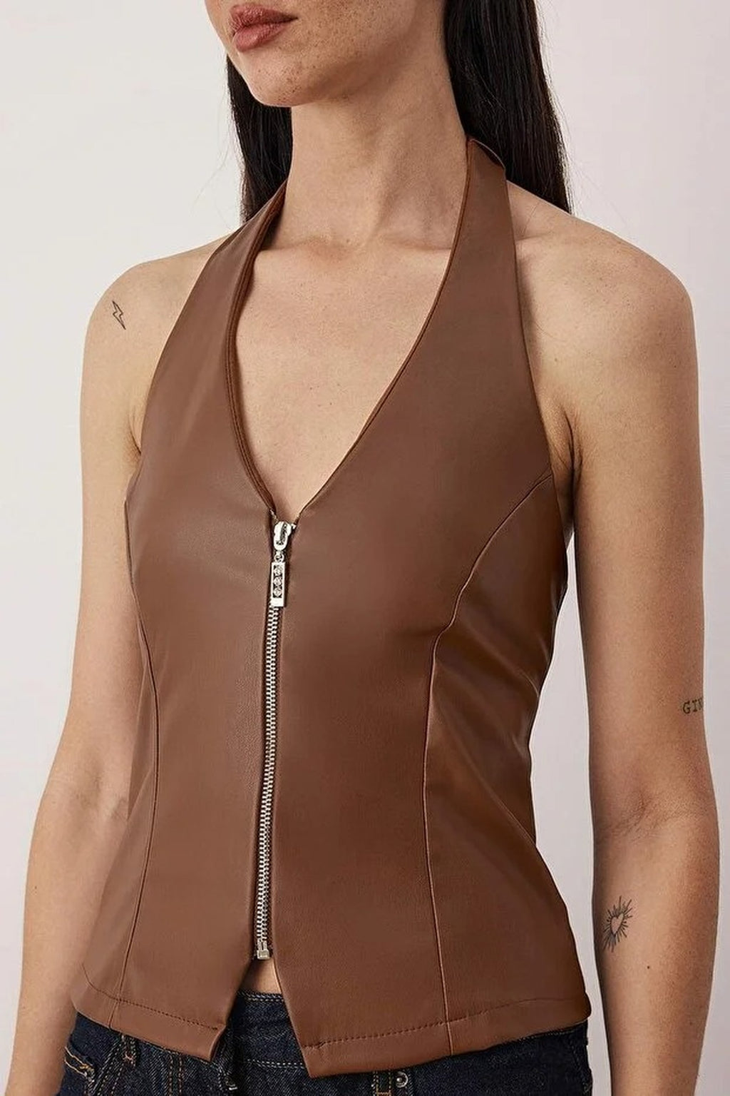 V-Neck Faux Leather Party Blouse with Zipper Detail