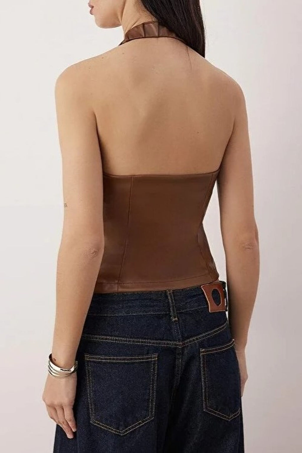 V-Neck Faux Leather Party Blouse with Zipper Detail