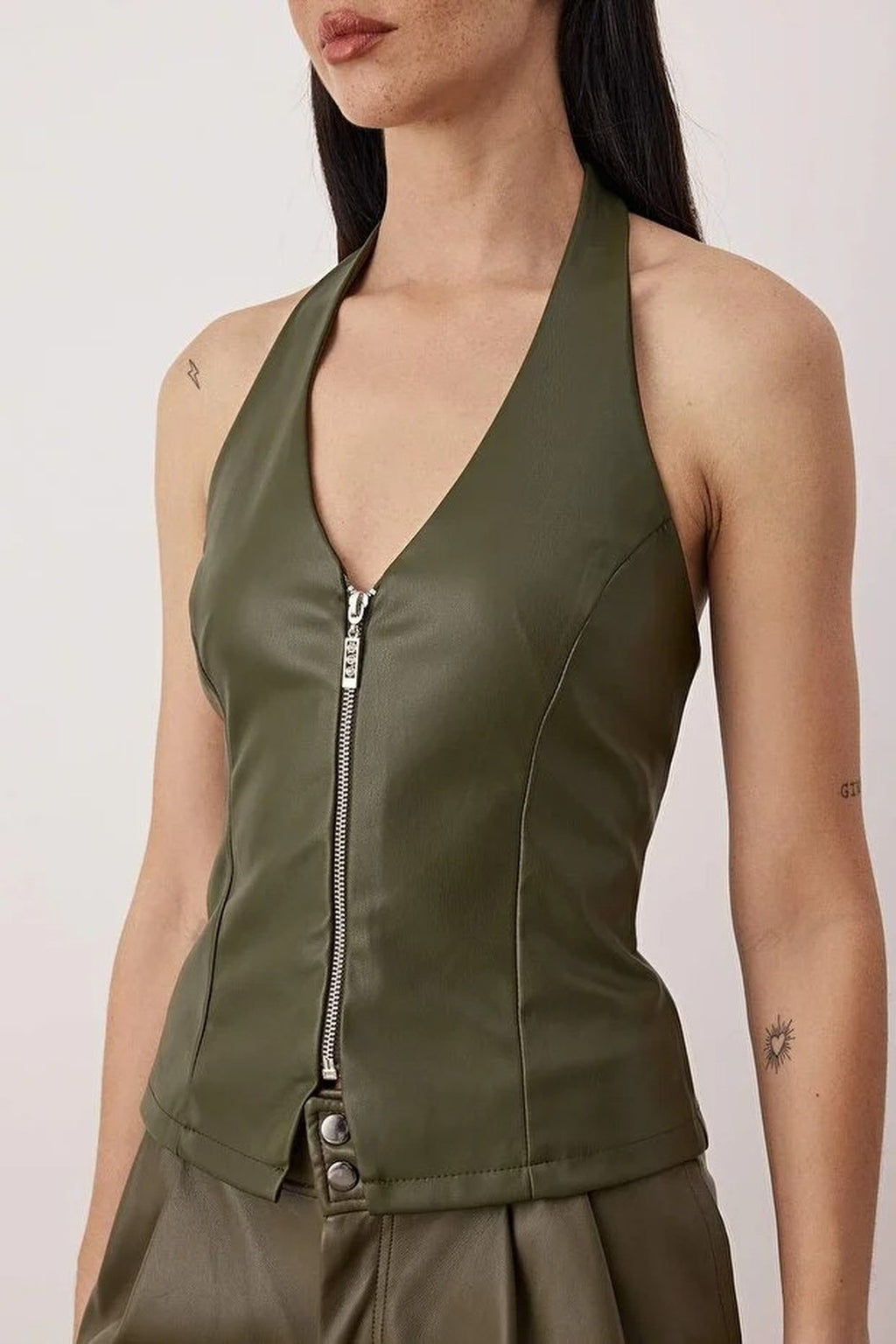 V-Neck Faux Leather Party Blouse with Zipper Detail