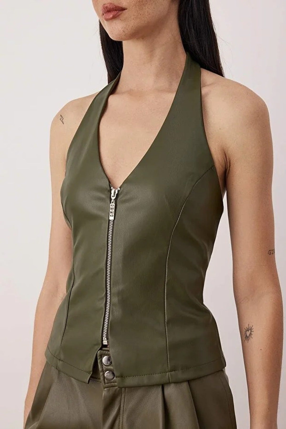 V-Neck Faux Leather Party Blouse with Zipper Detail