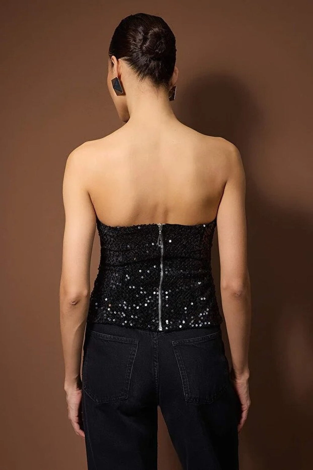 Strapless Sequined Fitted Party Blouse
