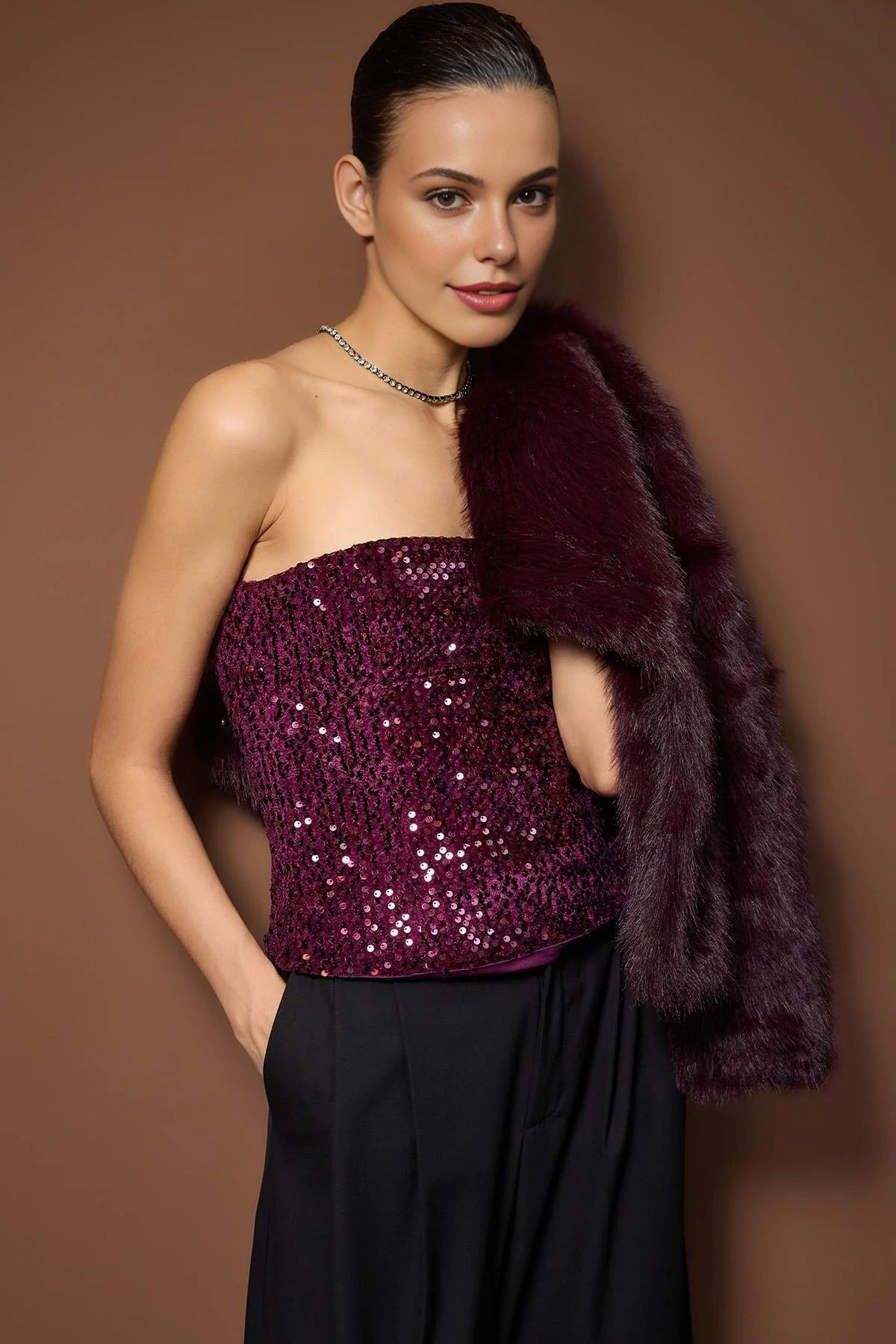 Strapless Sequined Fitted Party Blouse