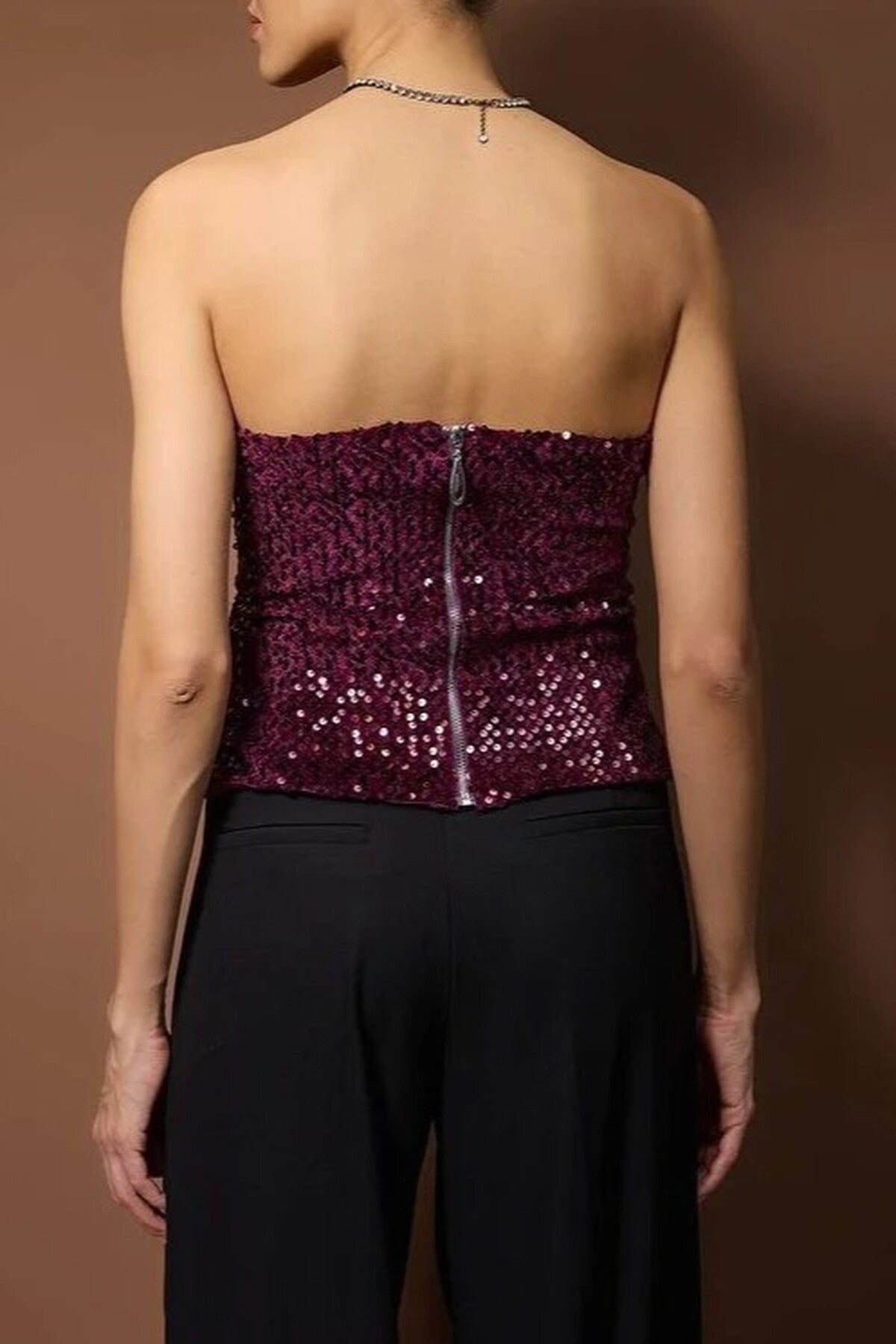 Strapless Sequined Fitted Party Blouse