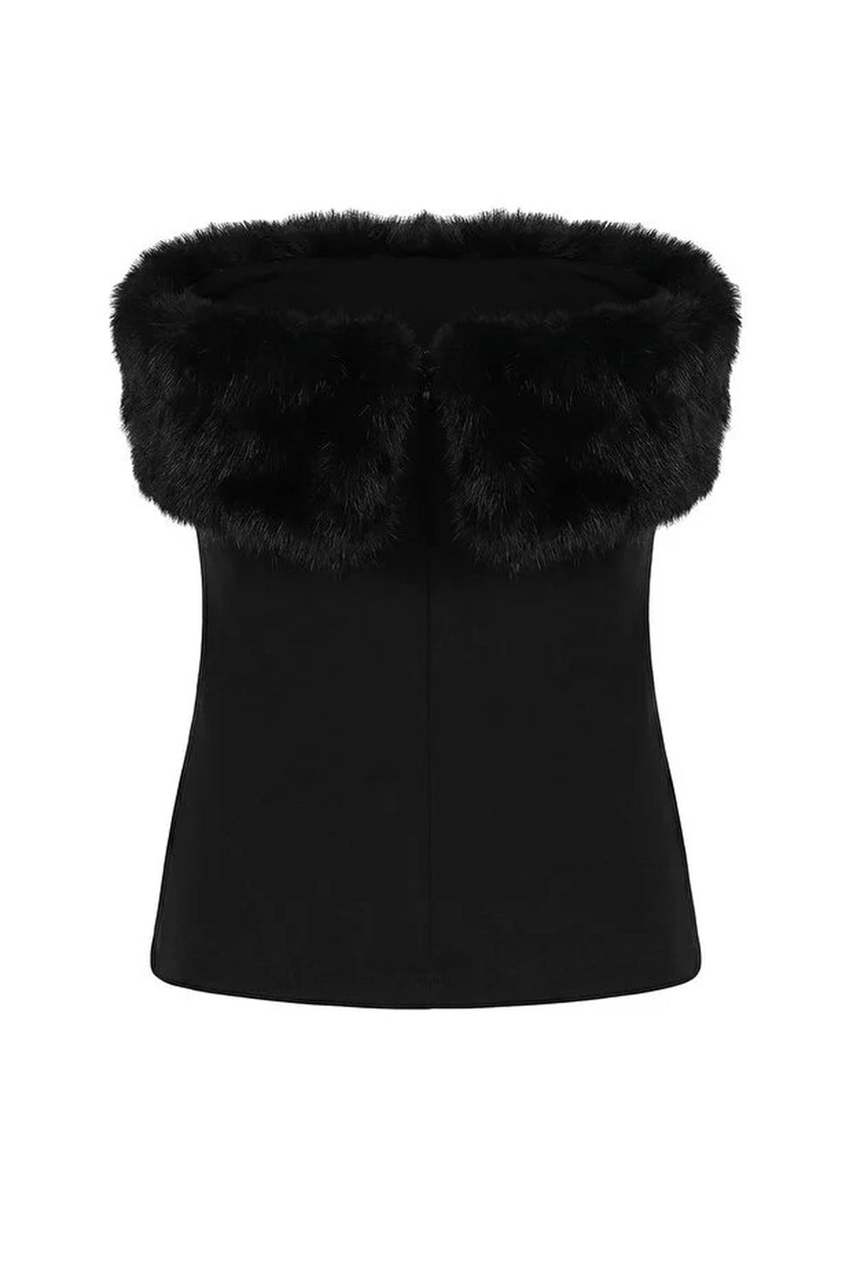 Strapless Knit Party Blouse with Faux Fur Detail