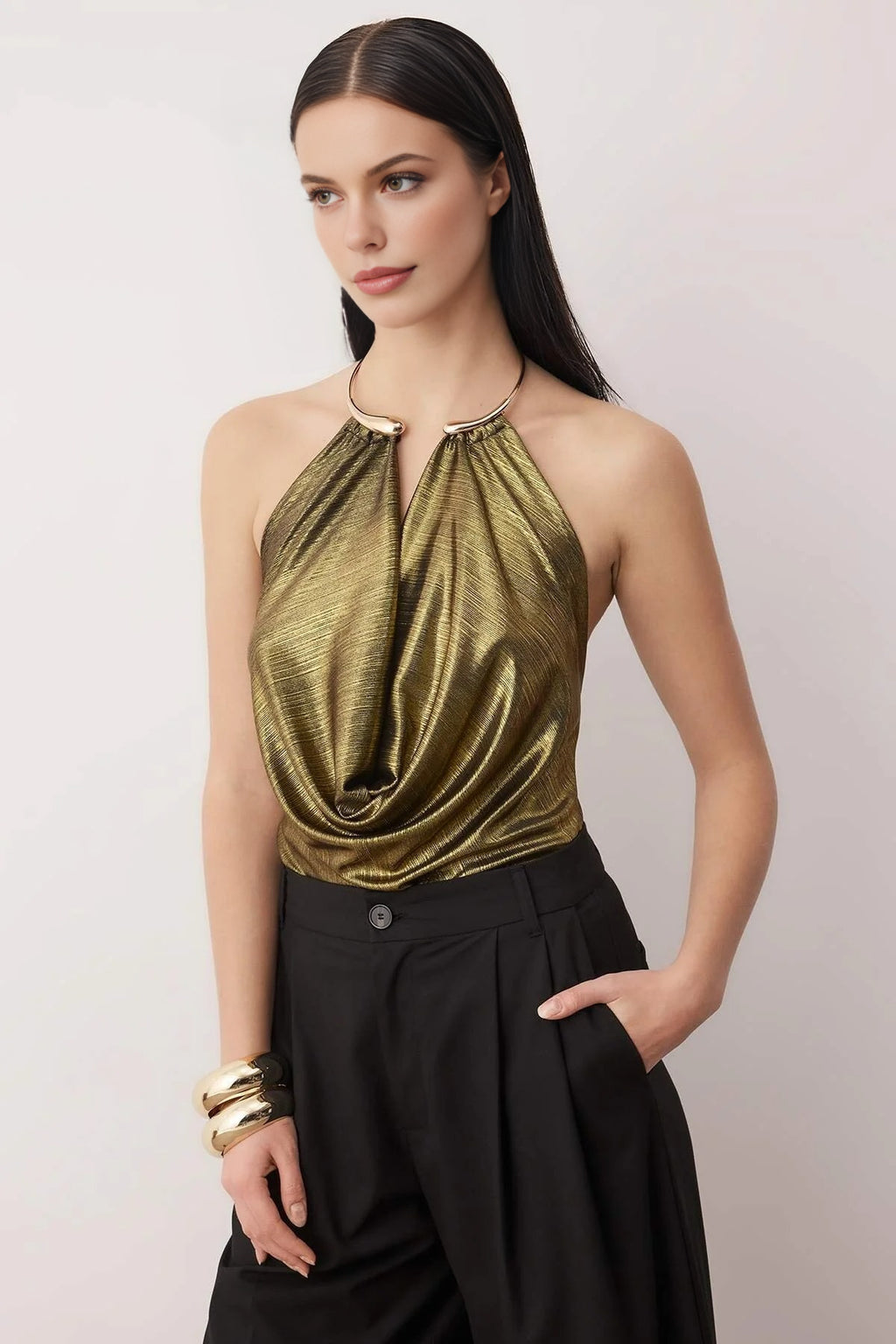 V-Neck Knit Party Blouse with Accessory Details