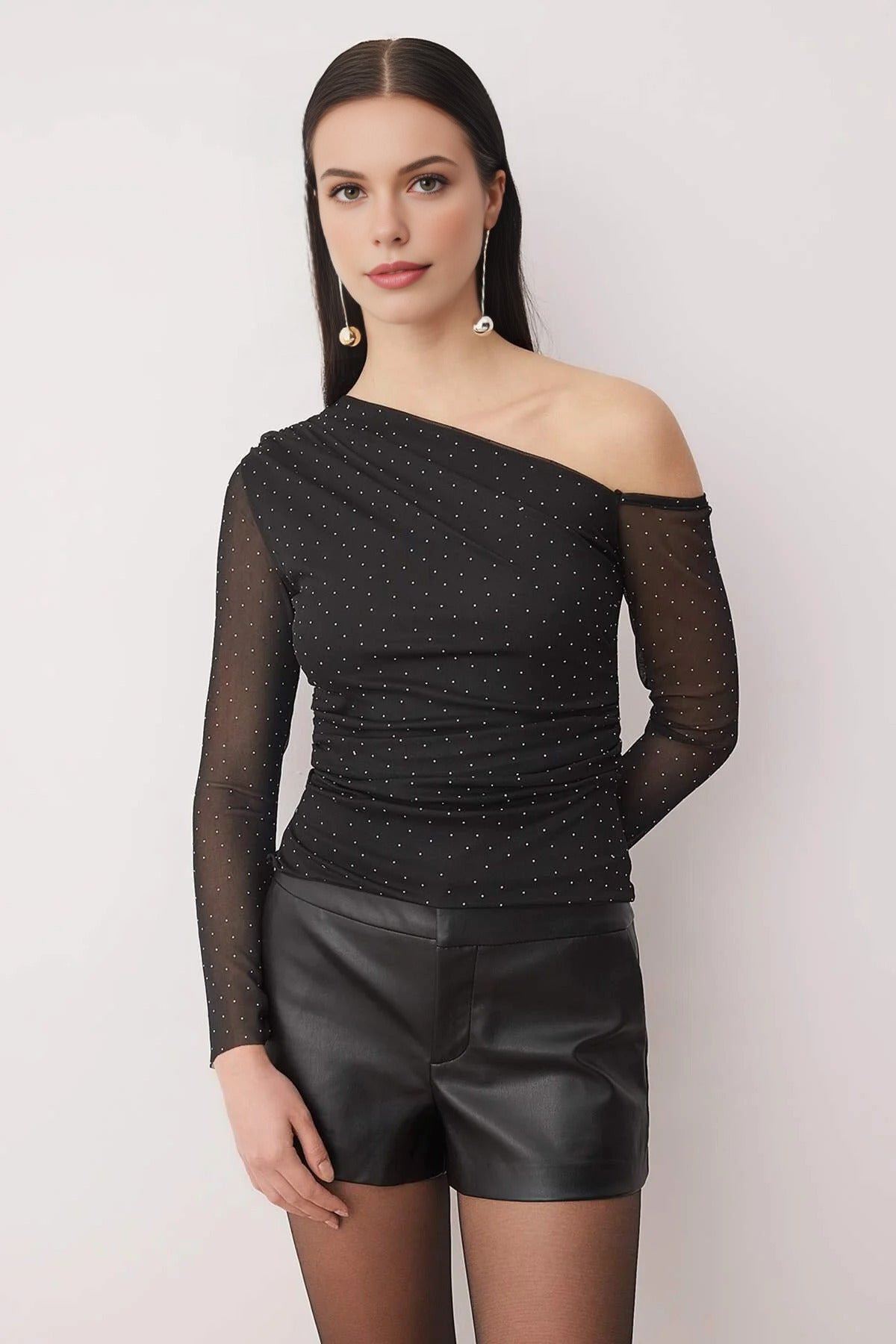 Sparkling Stone Print Asymmetrical Collar Knit Party Blouse