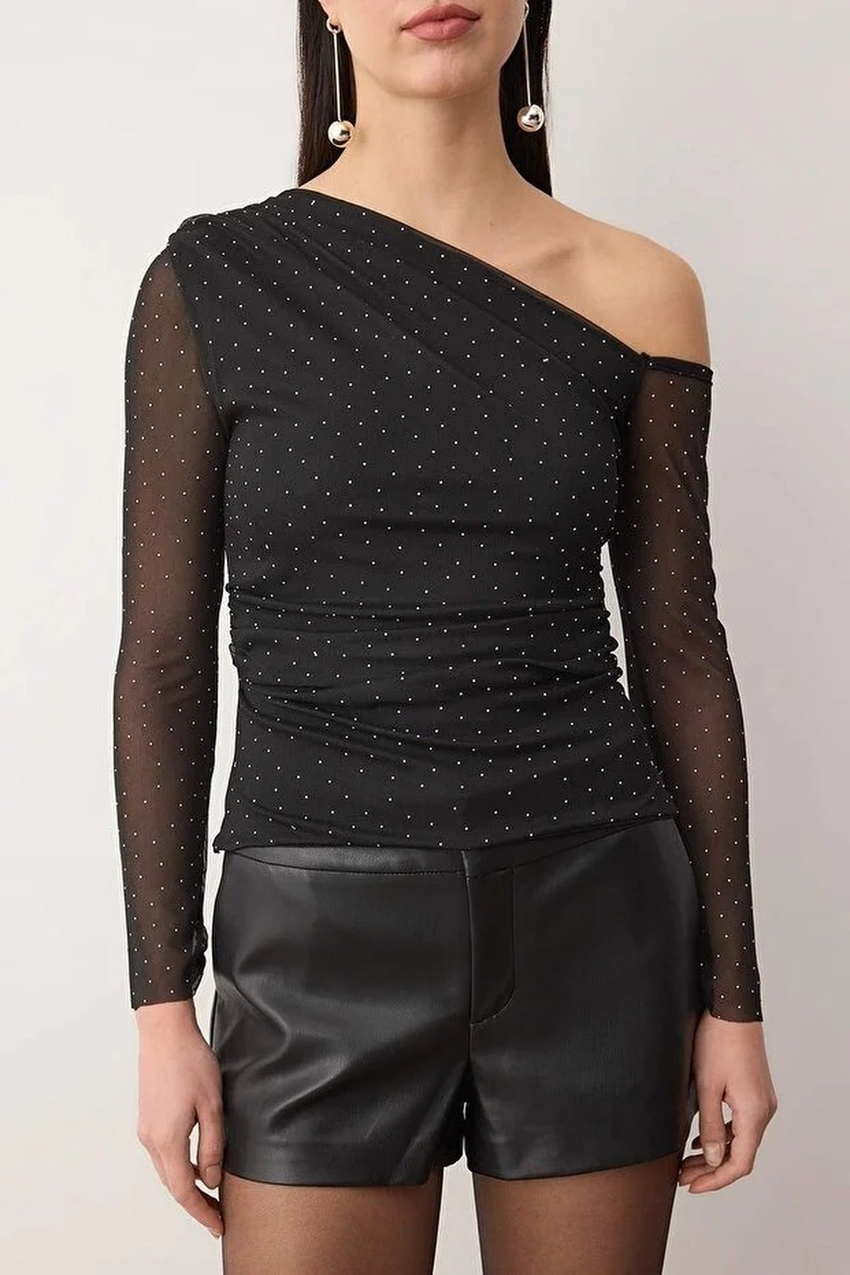 Sparkling Stone Print Asymmetrical Collar Knit Party Blouse