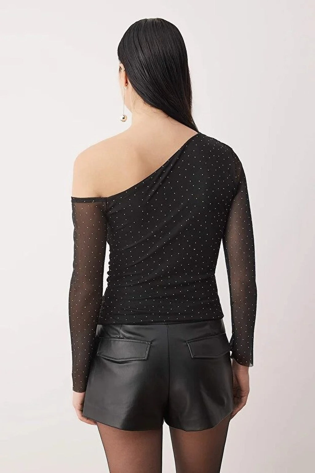 Sparkling Stone Print Asymmetrical Collar Knit Party Blouse