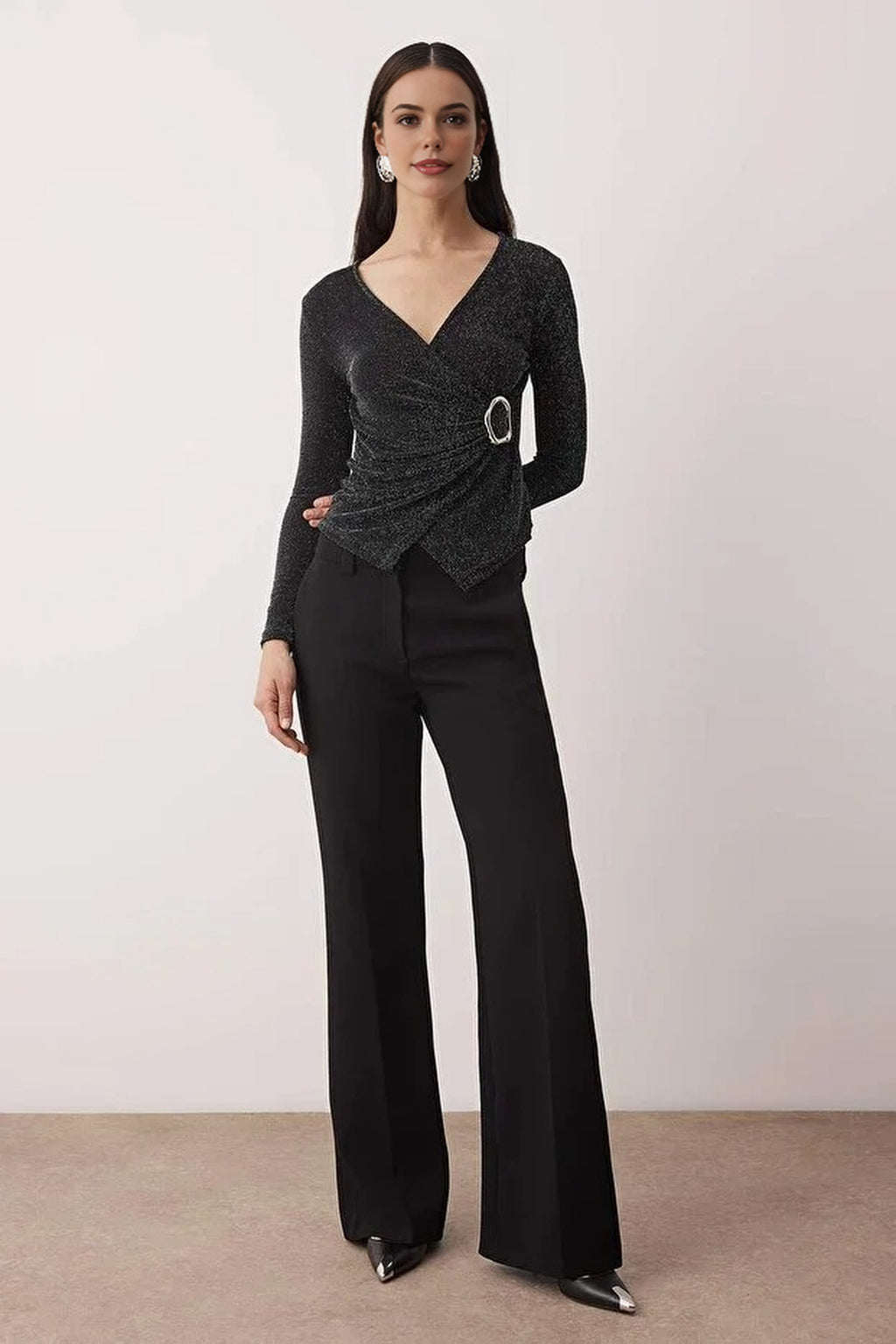 Glittery Knit Blouse with Silver Accessories