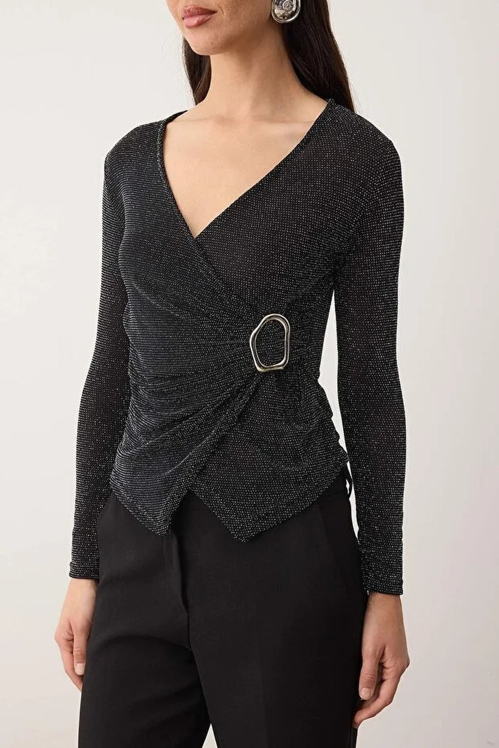 Glittery Knit Blouse with Silver Accessories