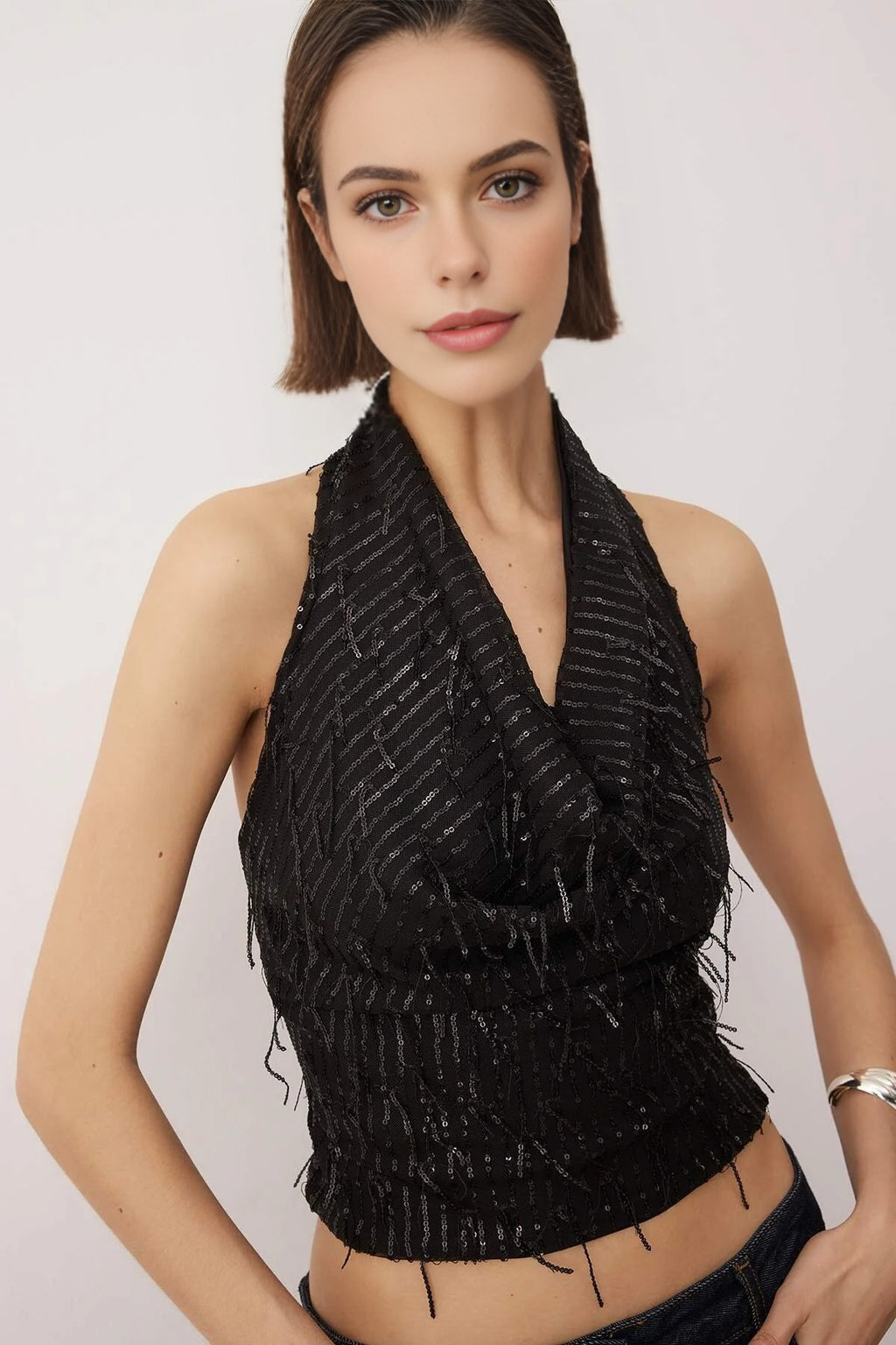 V-Neck Fringed Sequin Party Blouse