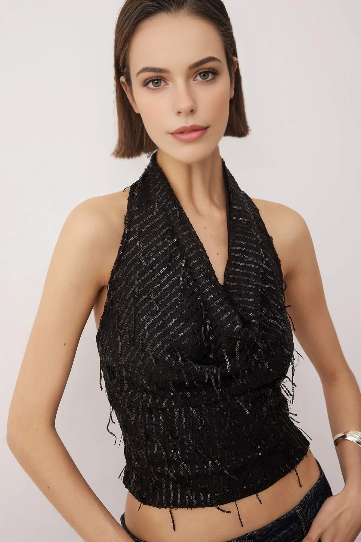 V-Neck Fringed Sequin Party Blouse