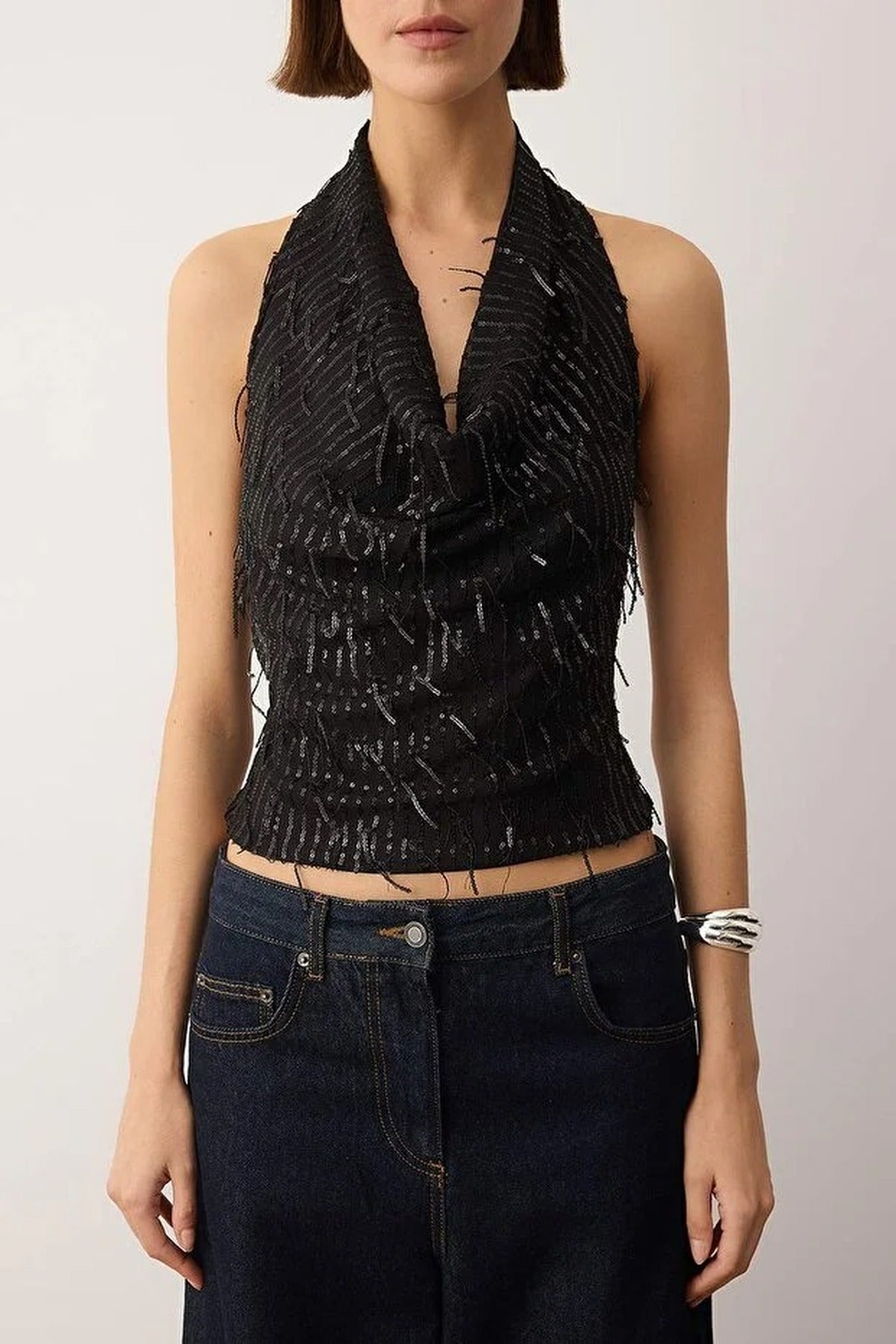 V-Neck Fringed Sequin Party Blouse