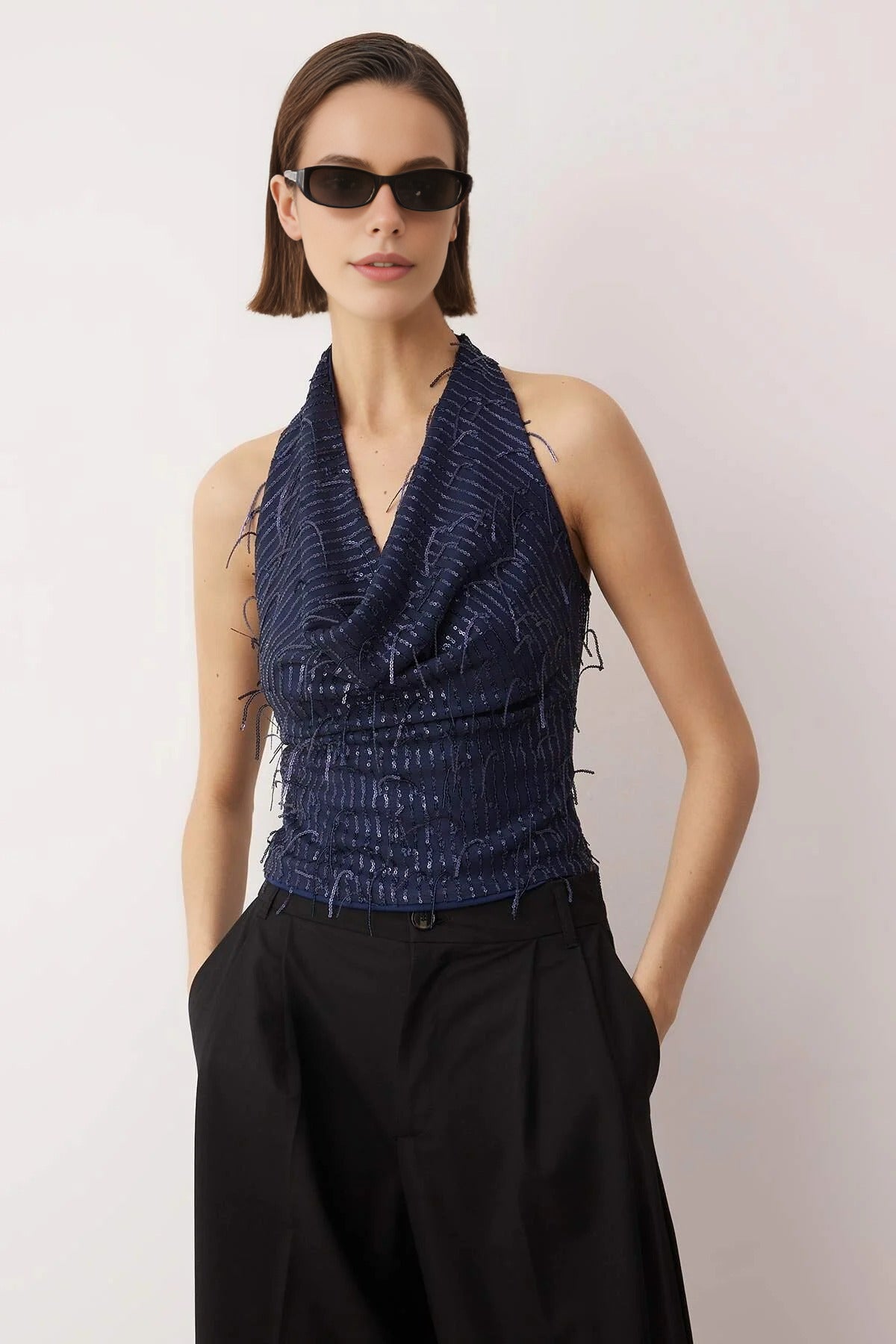 V-Neck Fringed Sequin Party Blouse