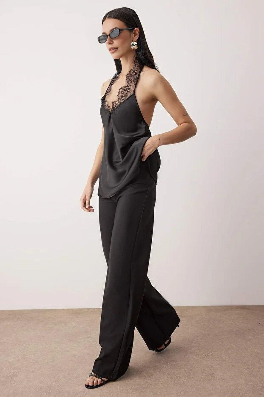 V-Neck Satin Party Blouse with Lace Detail