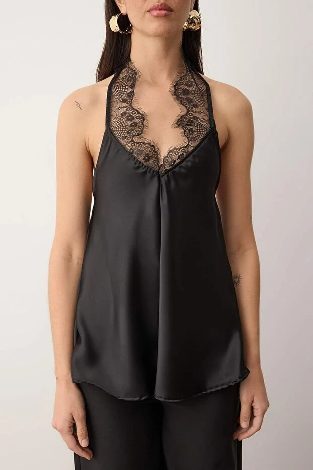 V-Neck Satin Party Blouse with Lace Detail