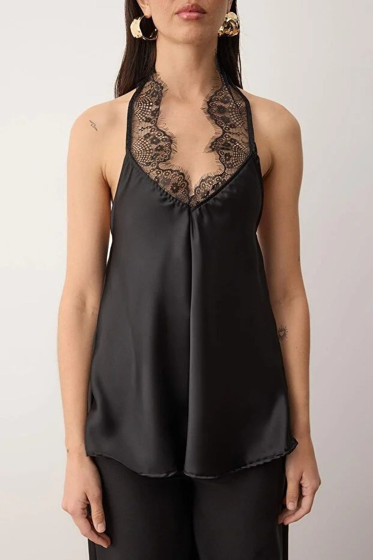 V-Neck Satin Party Blouse with Lace Detail