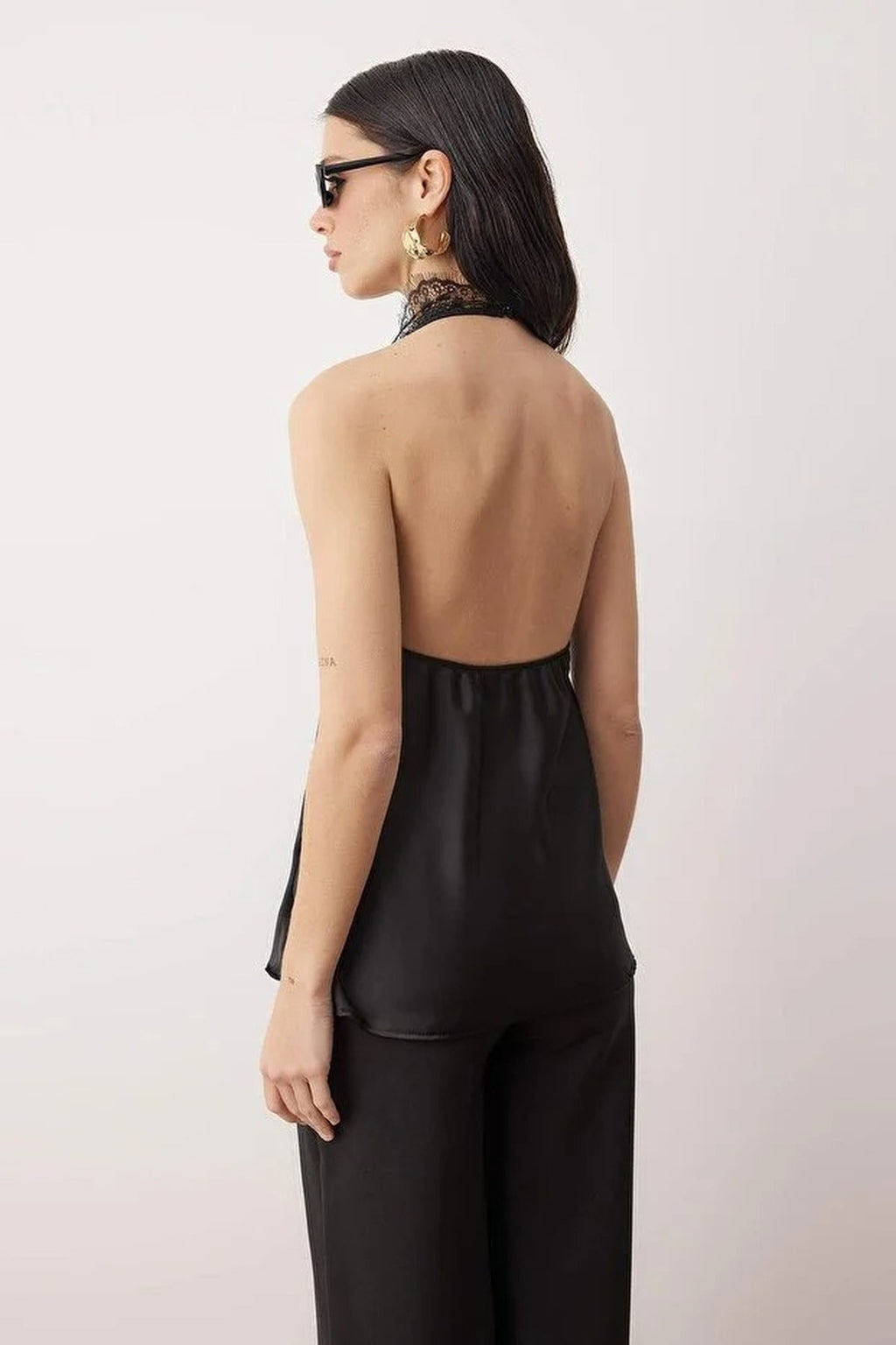 V-Neck Satin Party Blouse with Lace Detail