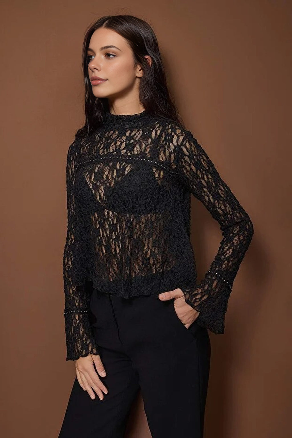 Regular Lace Stretch Knit Blouse with Accessory Details