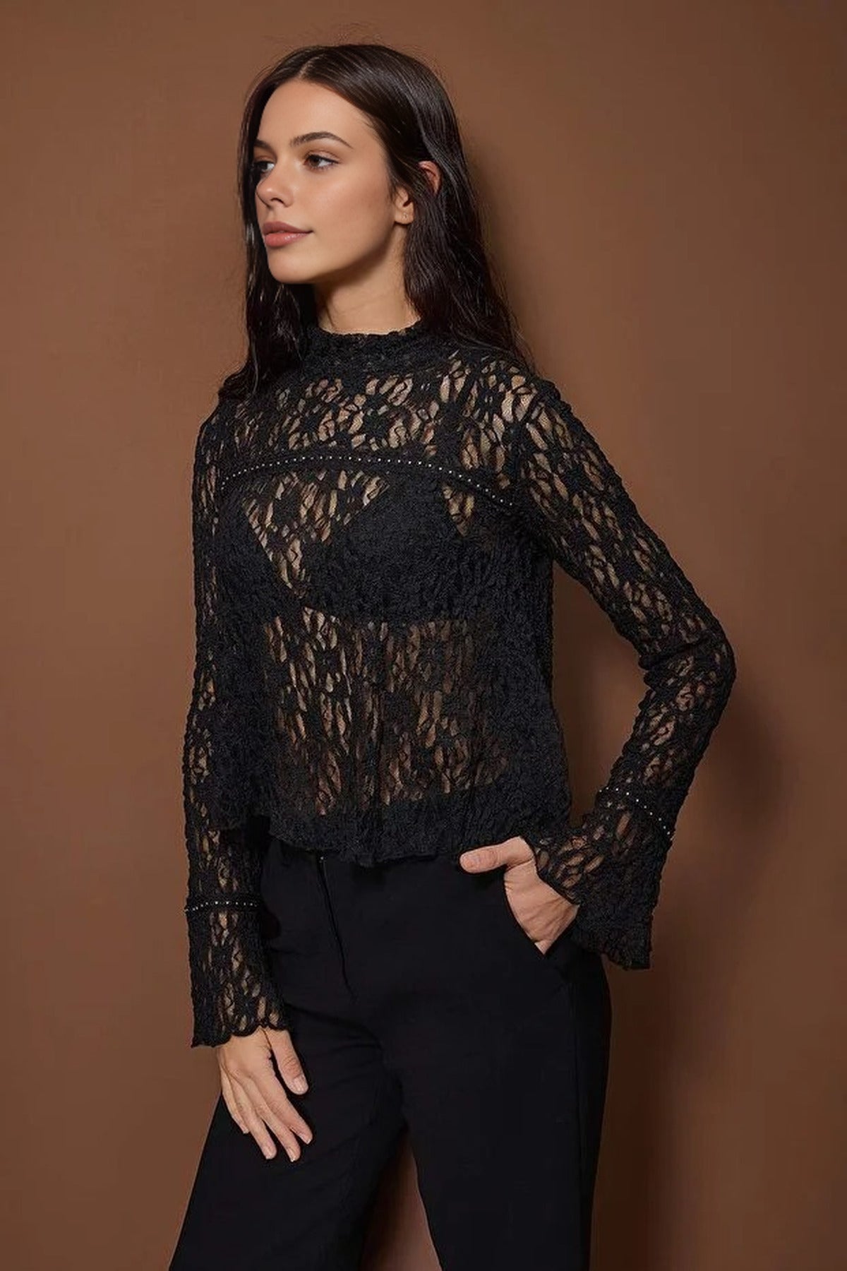Regular Lace Stretch Knit Blouse with Accessory Details