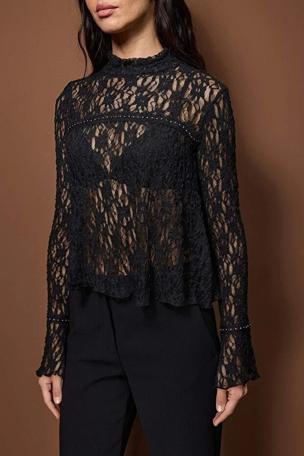 Regular Lace Stretch Knit Blouse with Accessory Details