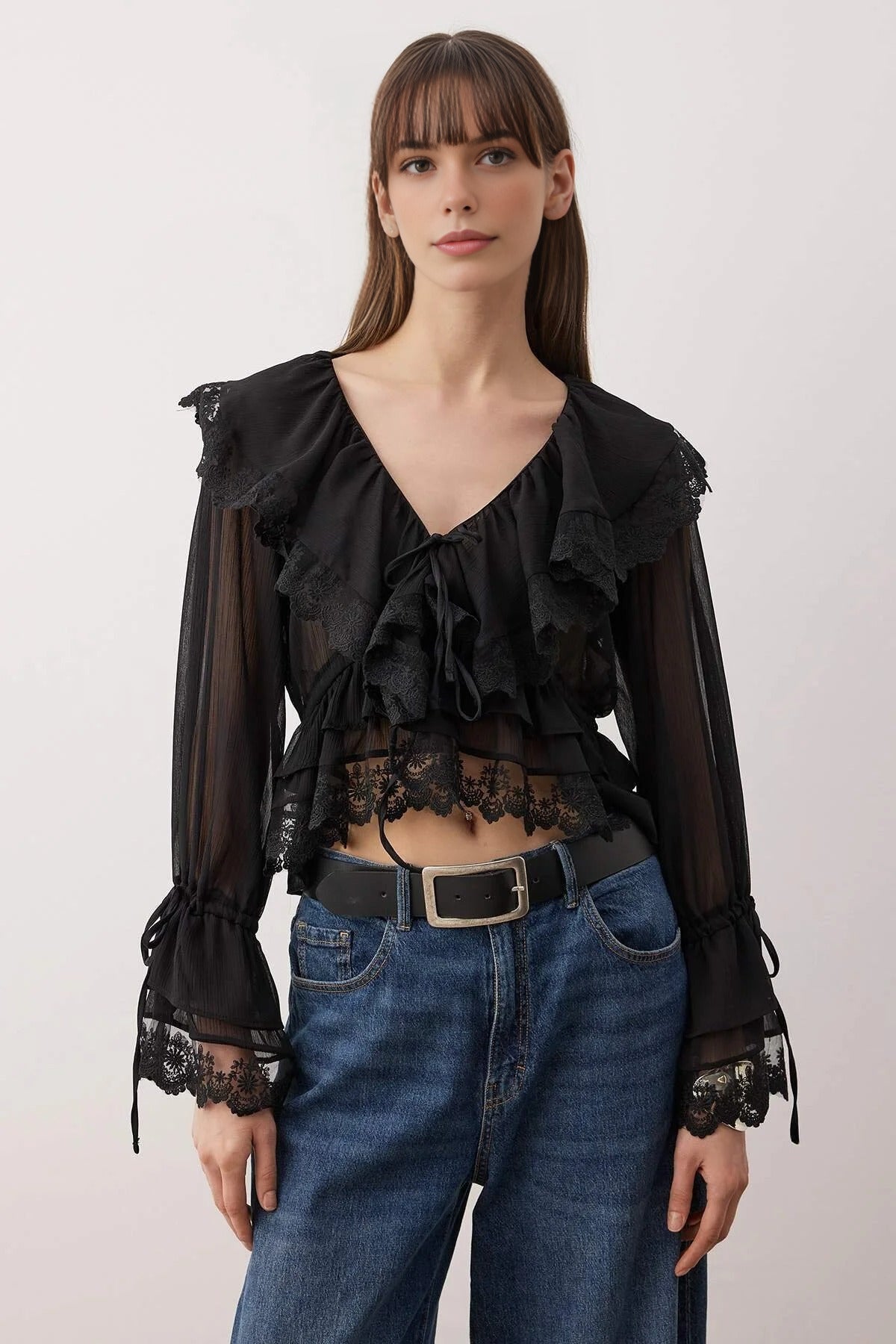Lace-Detailed Ruffled Woven Party Blouse